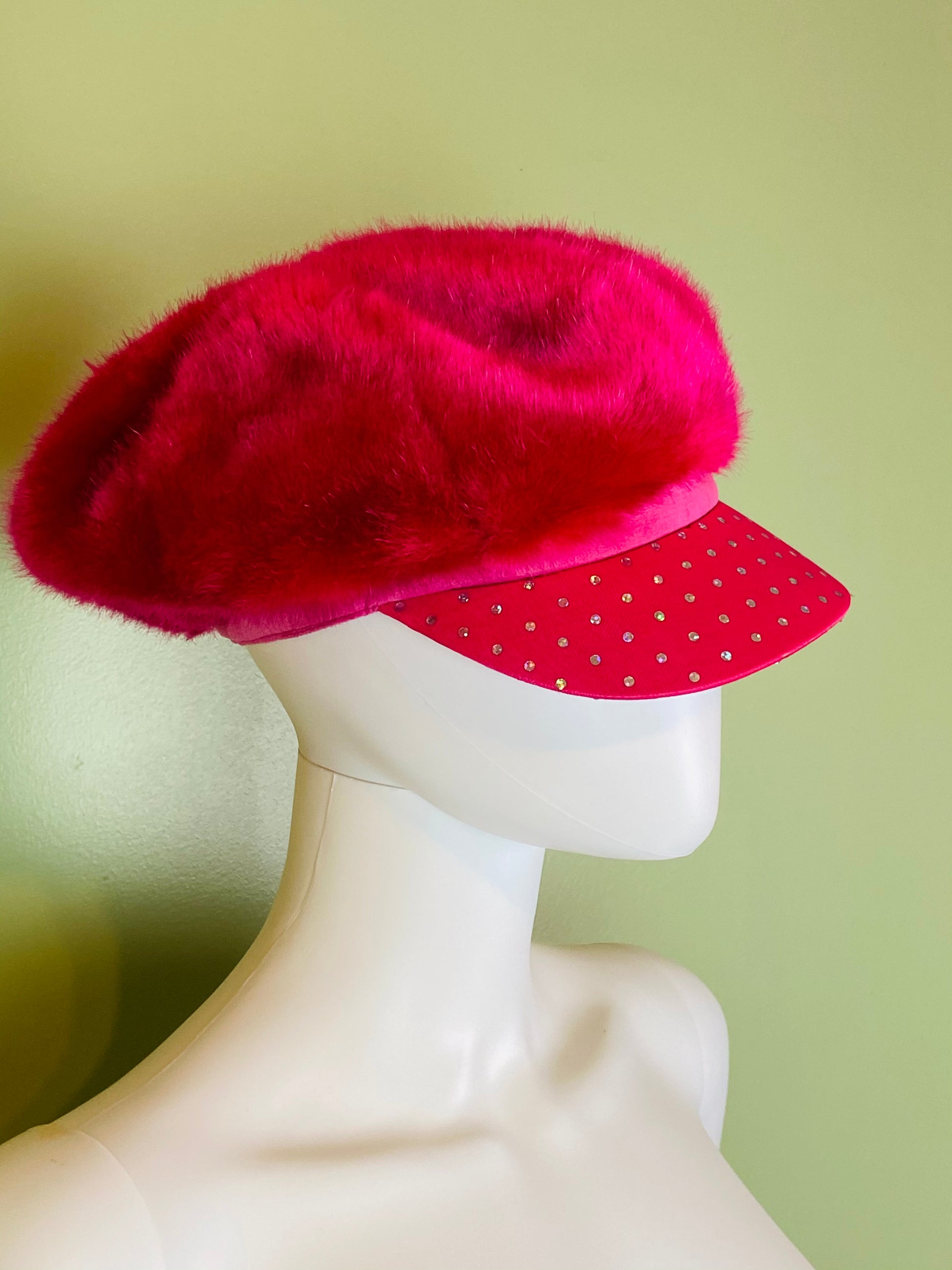 Hot Pink Faux Fur Bejeweled Rhinestone Cap Hat ABBY ESSIE Designer & Vintage