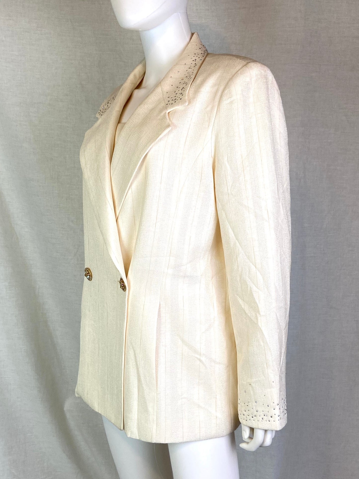 Lily & Taylor Cream White Striped Rhinestone Blazer Jacket