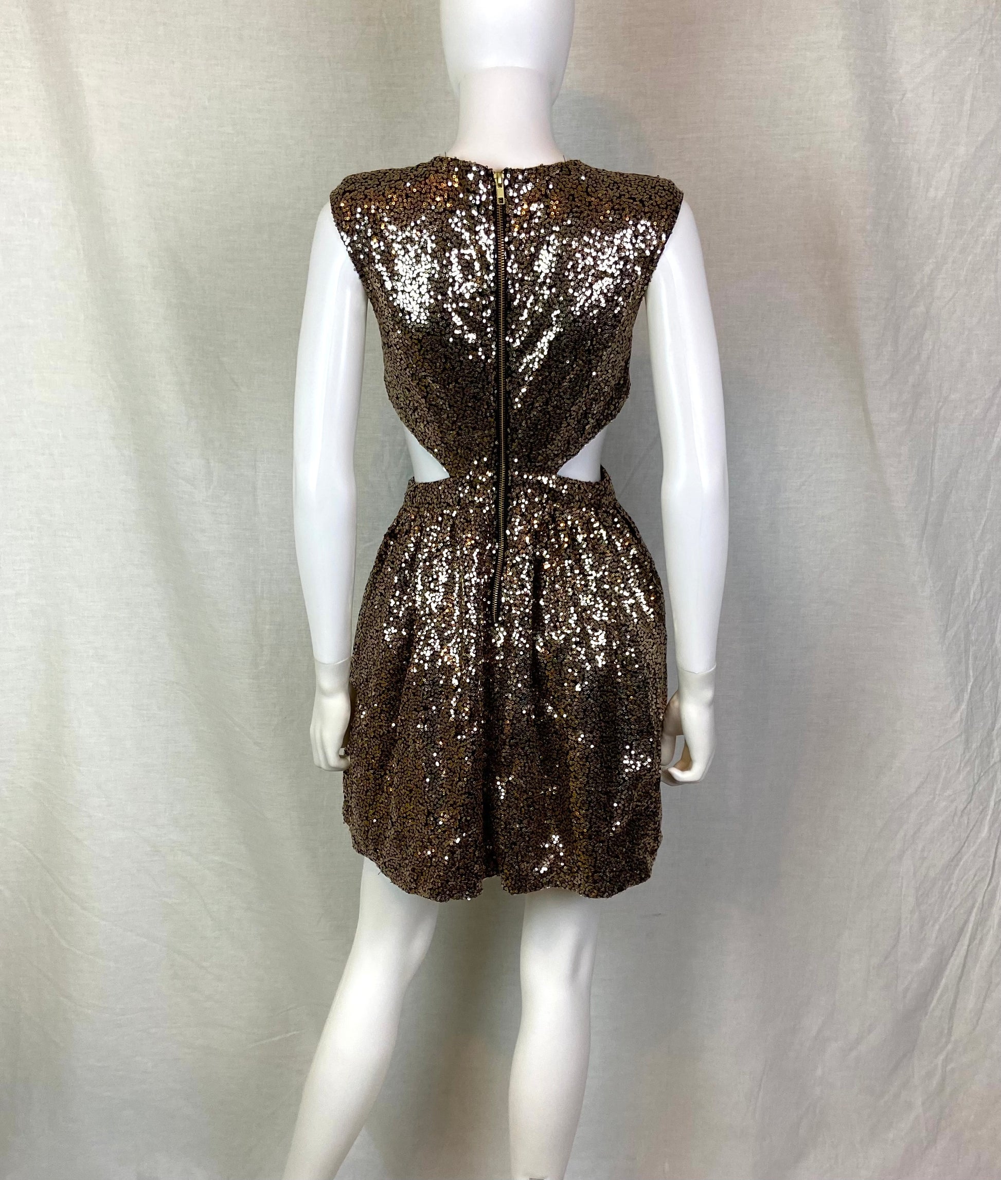 Gold Bronze Sequin Cut Out Dress ABBY ESSIE STUDIOS