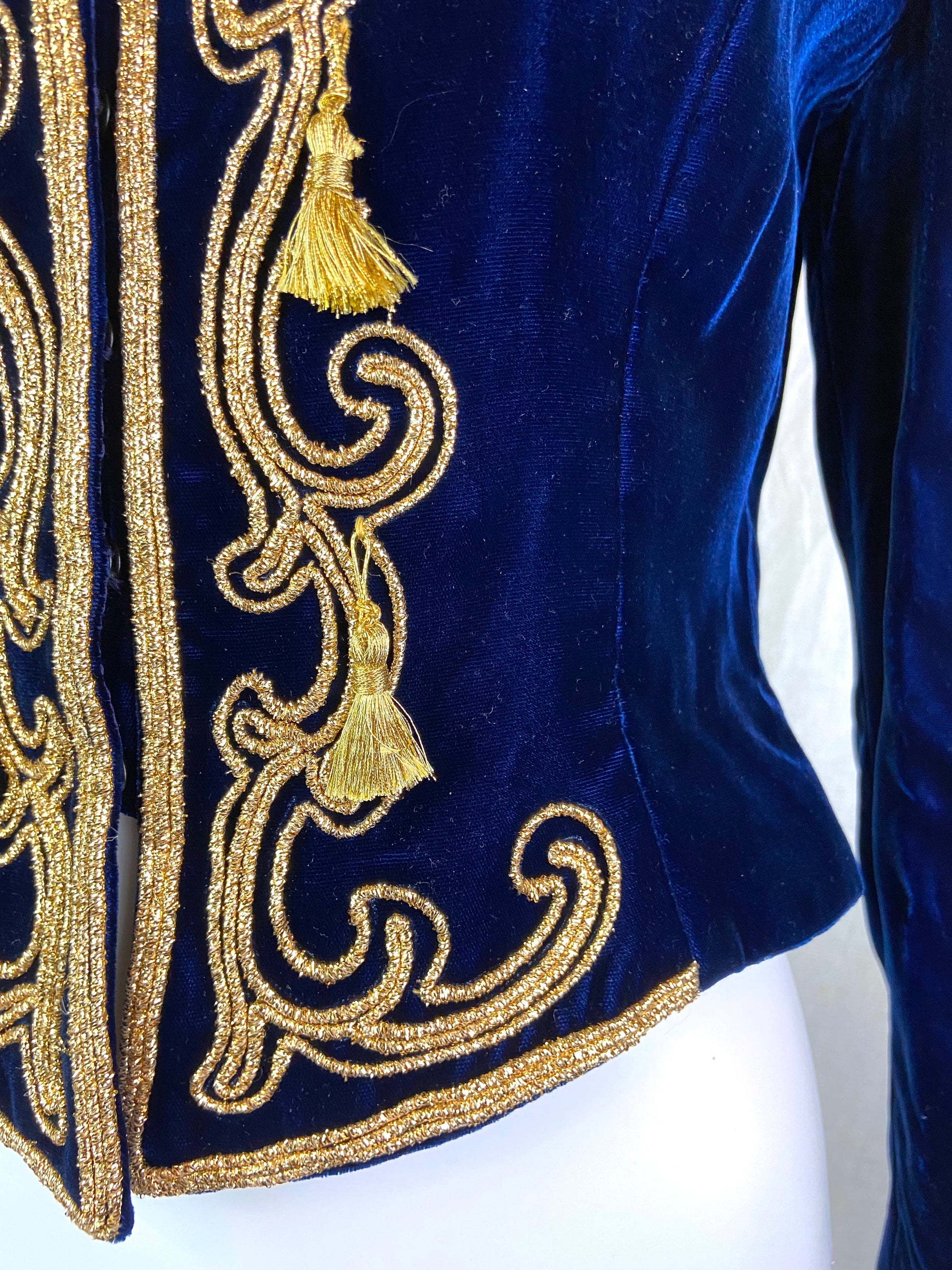 Farinae Navy Blue Velvet Gold Baroque Blazer Jacket ABBY ESSIE STUDIOS