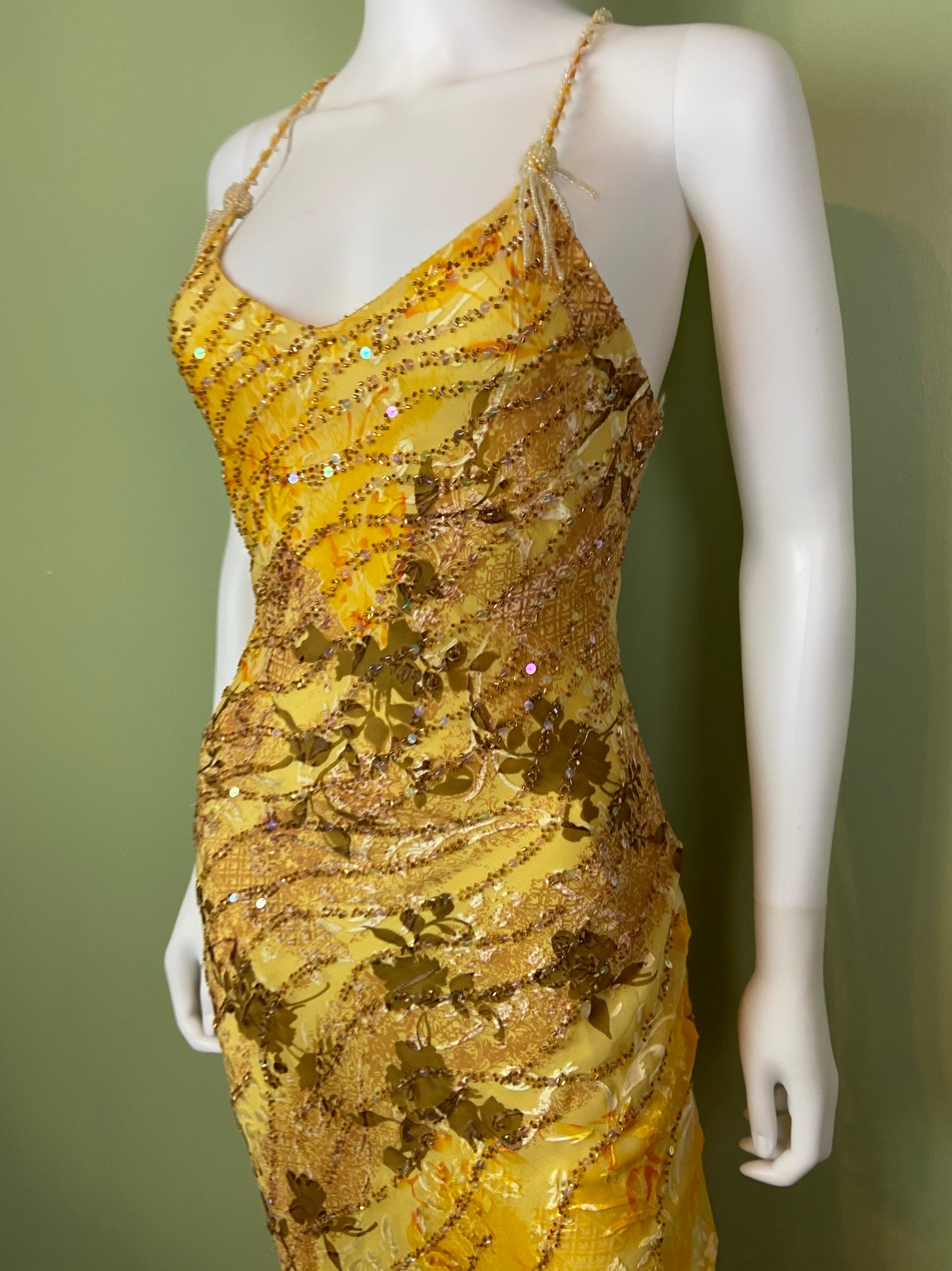 [SOLD] Ethereal Floral Festival Beaded Sequin Yellow Silk Maxi Dress
