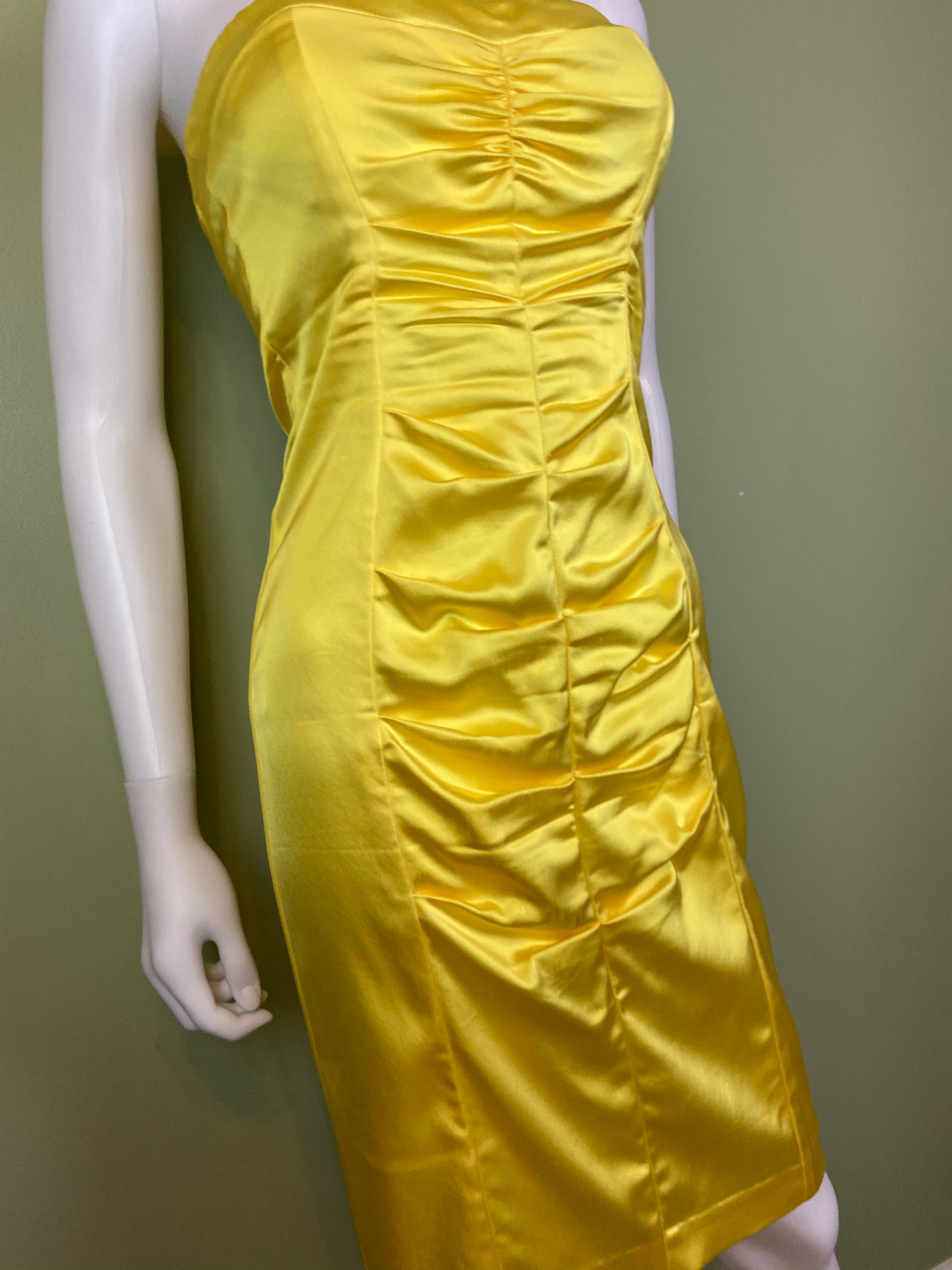 Cache Yellow Stretch Satin Ruche Corset Dress Abby Essie