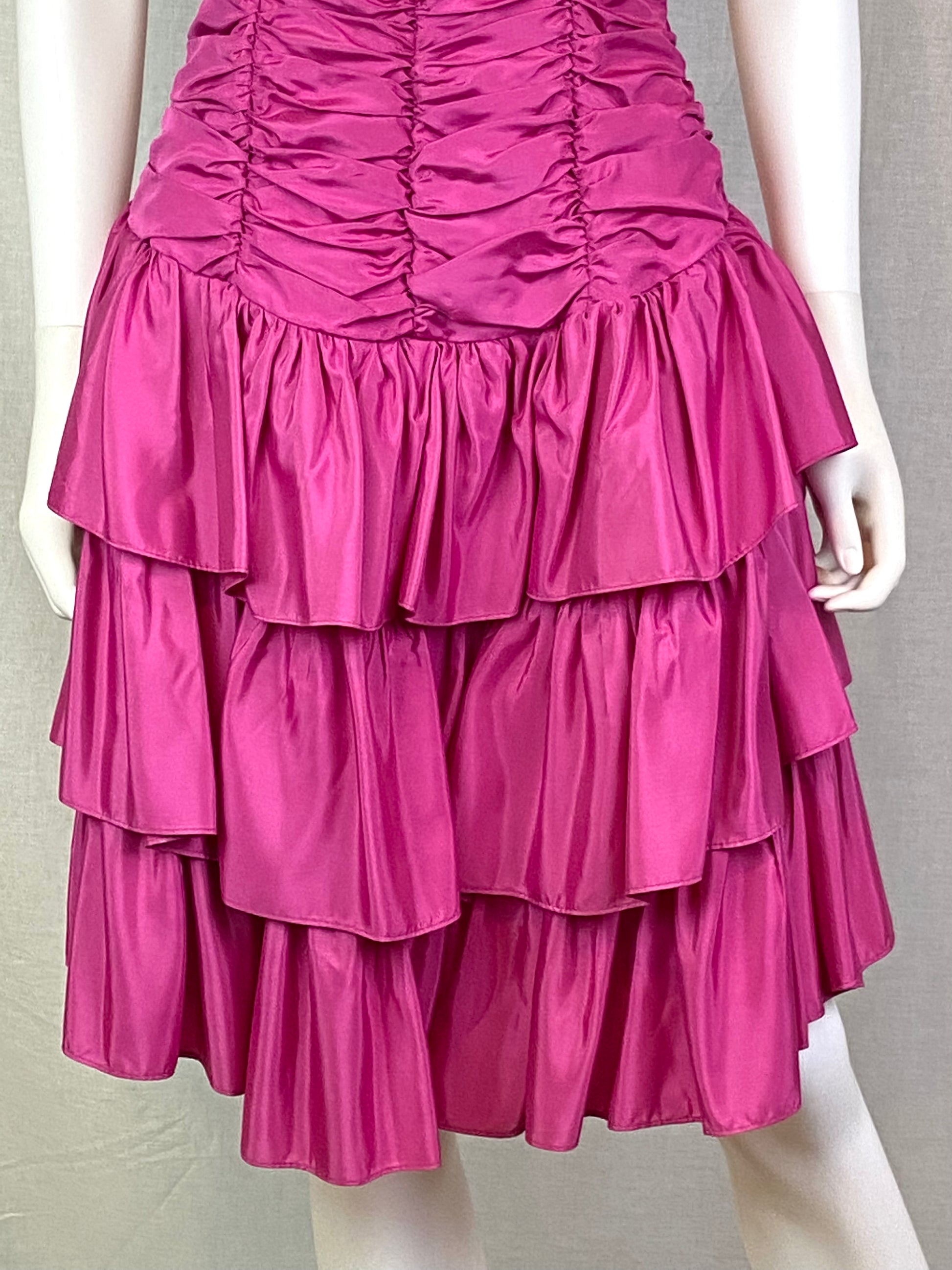 Vintage Positively ELLYN Hot Pink Satin Ruche Ruffle Dress ABBY ESSIE STUDIOS