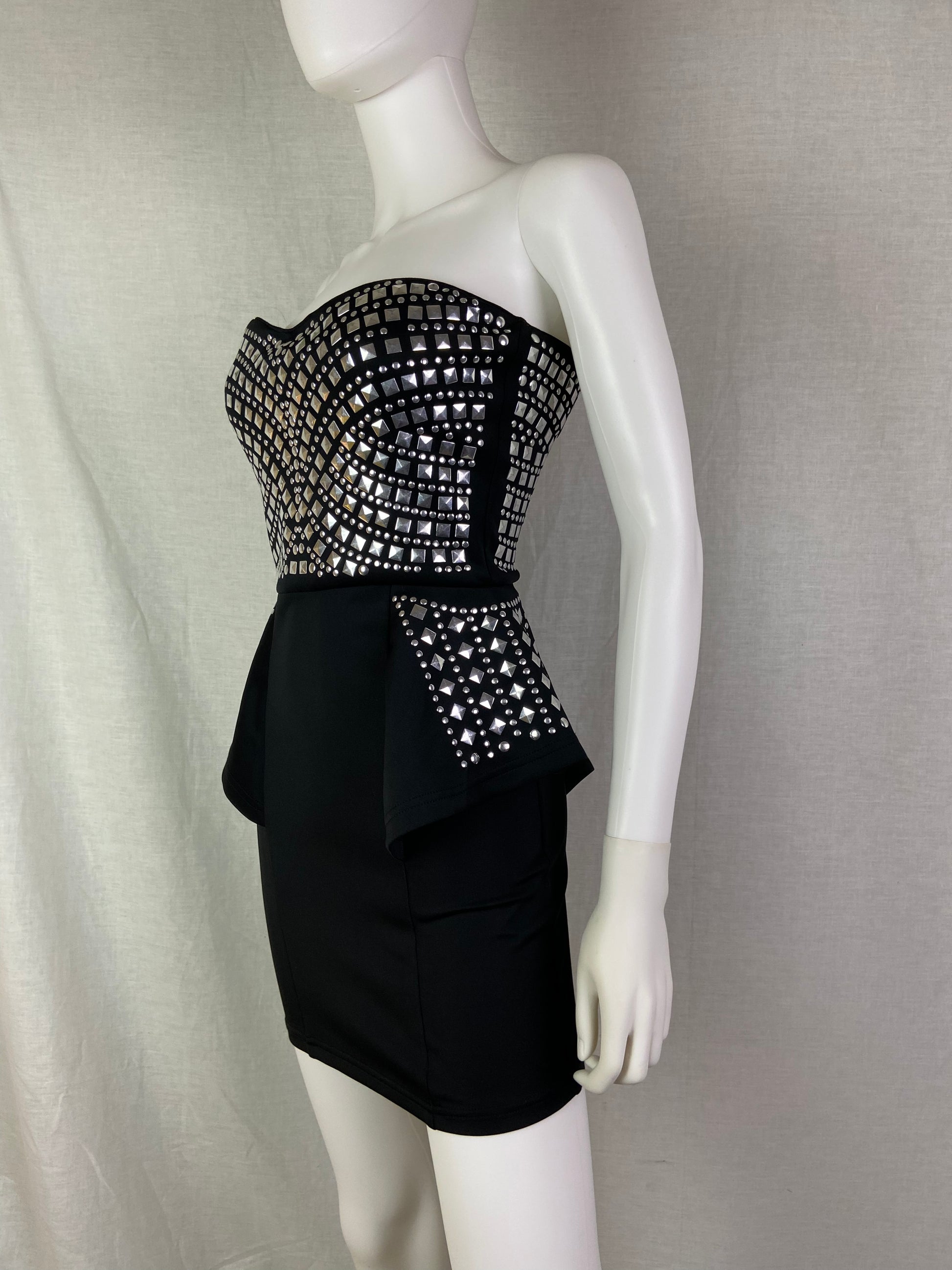 BEBE Black Silver Studded Peplum Cocktail Mjni Dress ABBY ESSIE STUDIOS