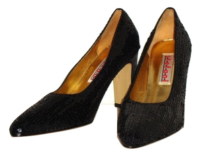 Vintage 80s does 40s BLACK SEQUINED great gatsby PUMPS SZ 9M LEATHER SOLE SHOES Abby Essie
