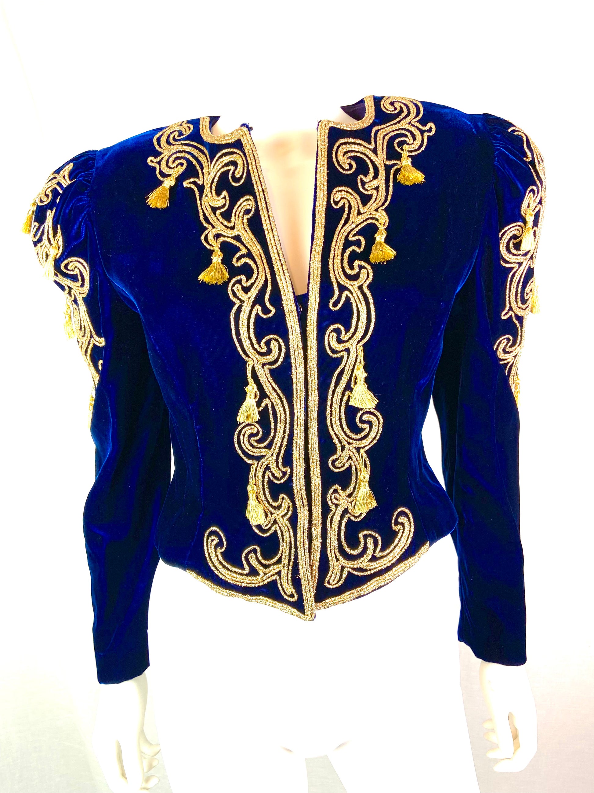 Farinae Navy Blue Velvet Gold Baroque Blazer Jacket ABBY ESSIE STUDIOS