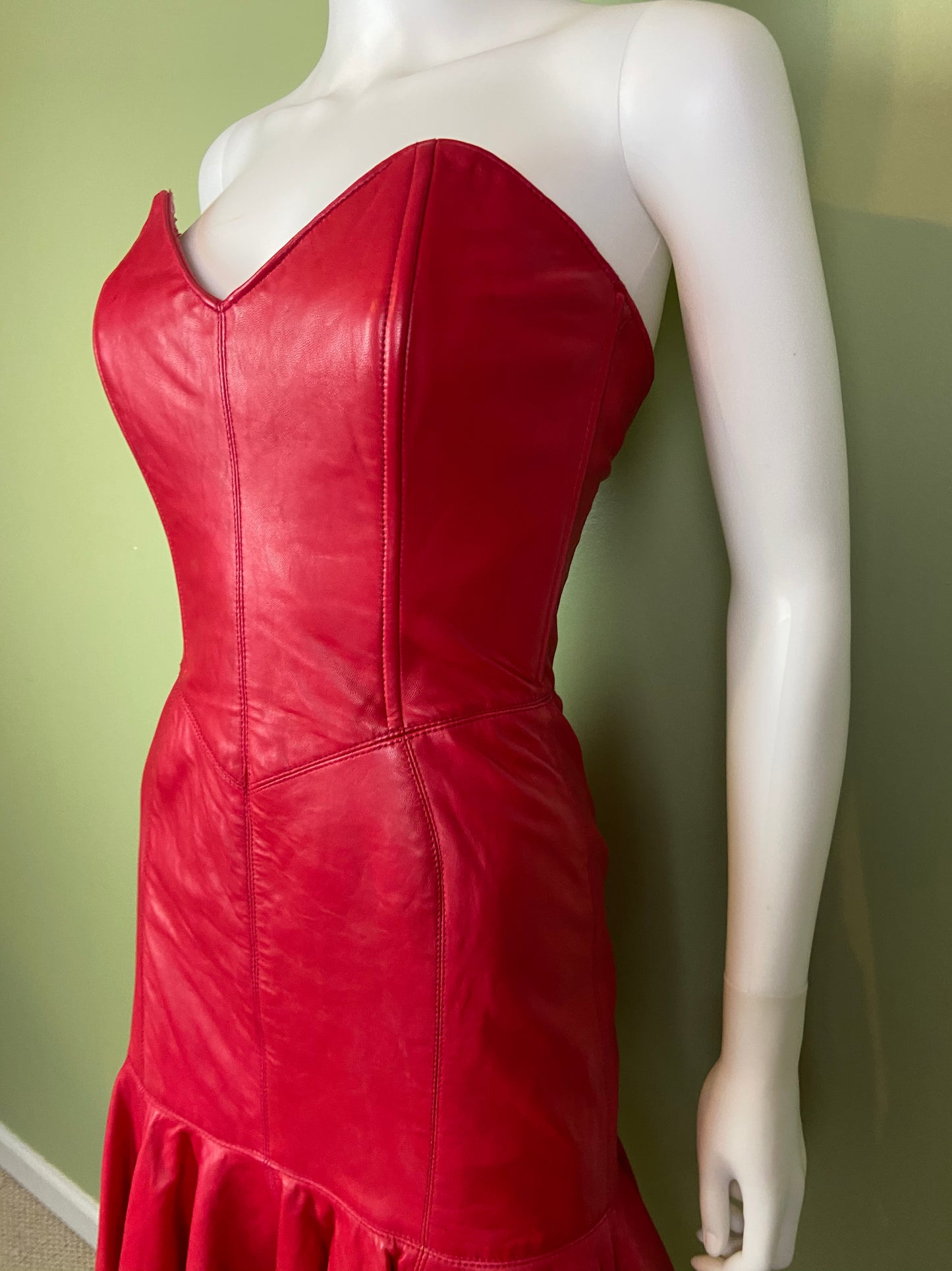 [SOLD] Vintage Michael Hoban Red Leather Bustier Ruffle Mini Dress