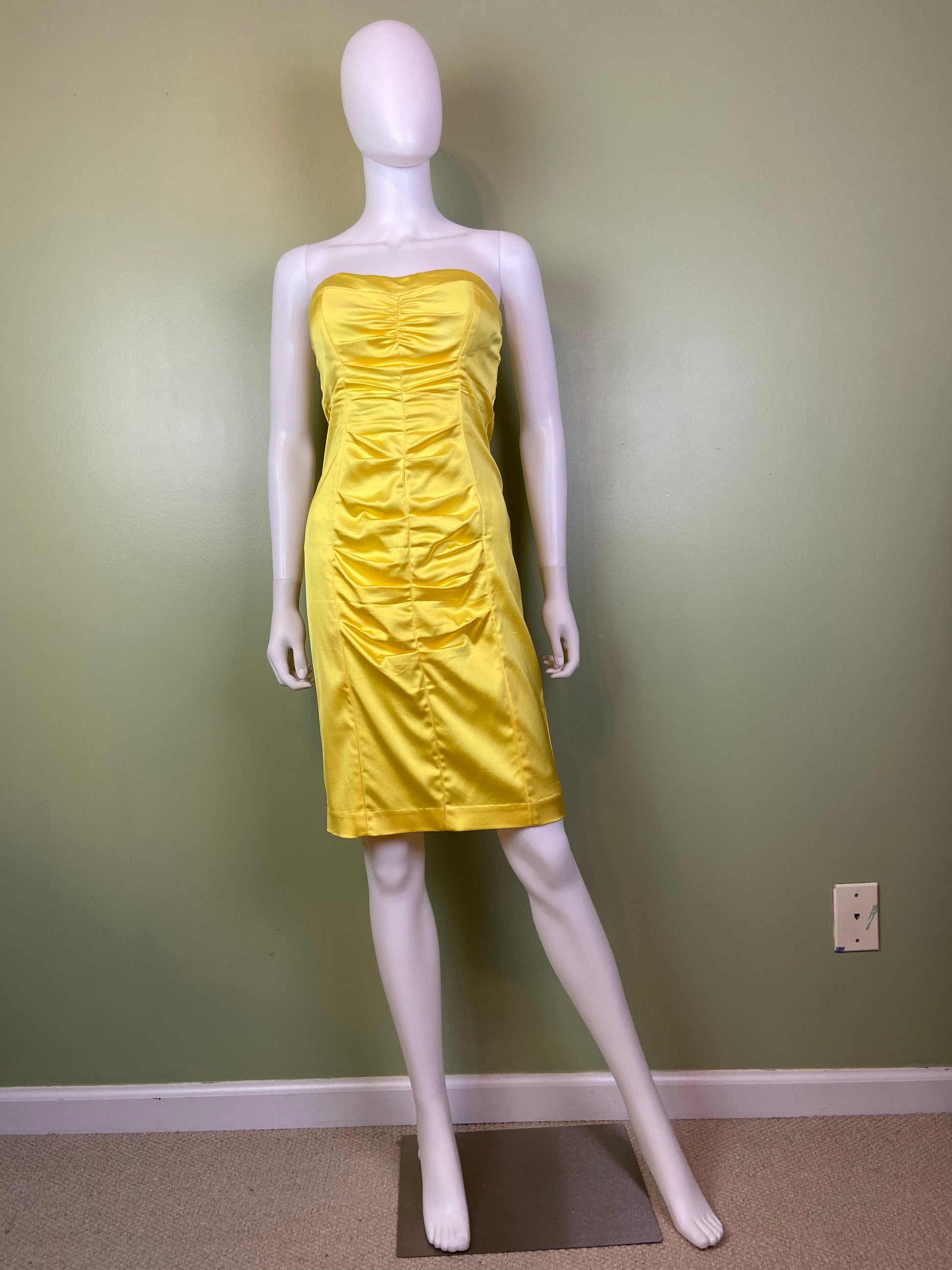 Cache Yellow Stretch Satin Ruche Corset Dress Abby Essie