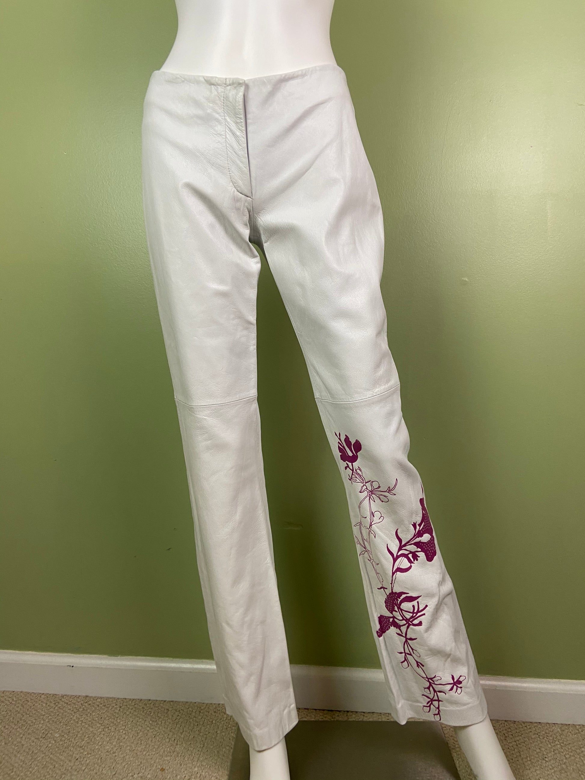 Vintage White Lambskin Leather Pink Graphic Print Pants Abby Essie