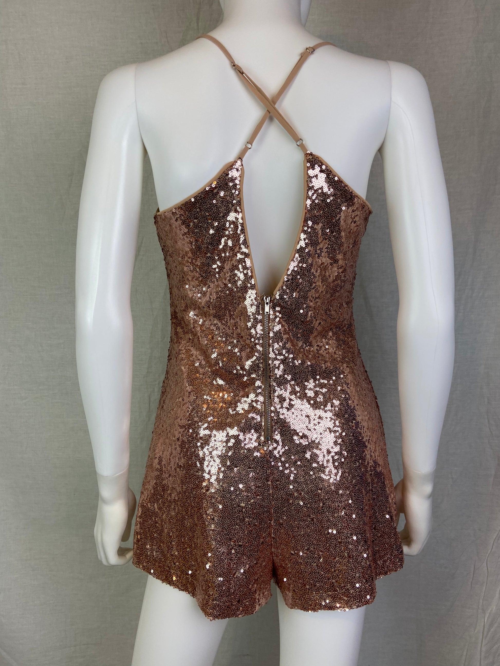 Forever 21 Champagne Gold Sequin Cocktail Shorts Romper ABBY ESSIE STUDIOS