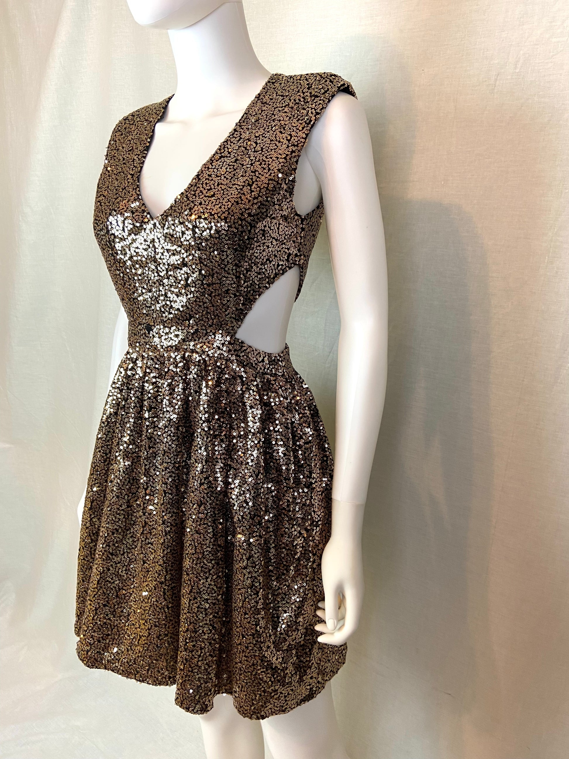 Gold Bronze Sequin Cut Out Dress ABBY ESSIE STUDIOS