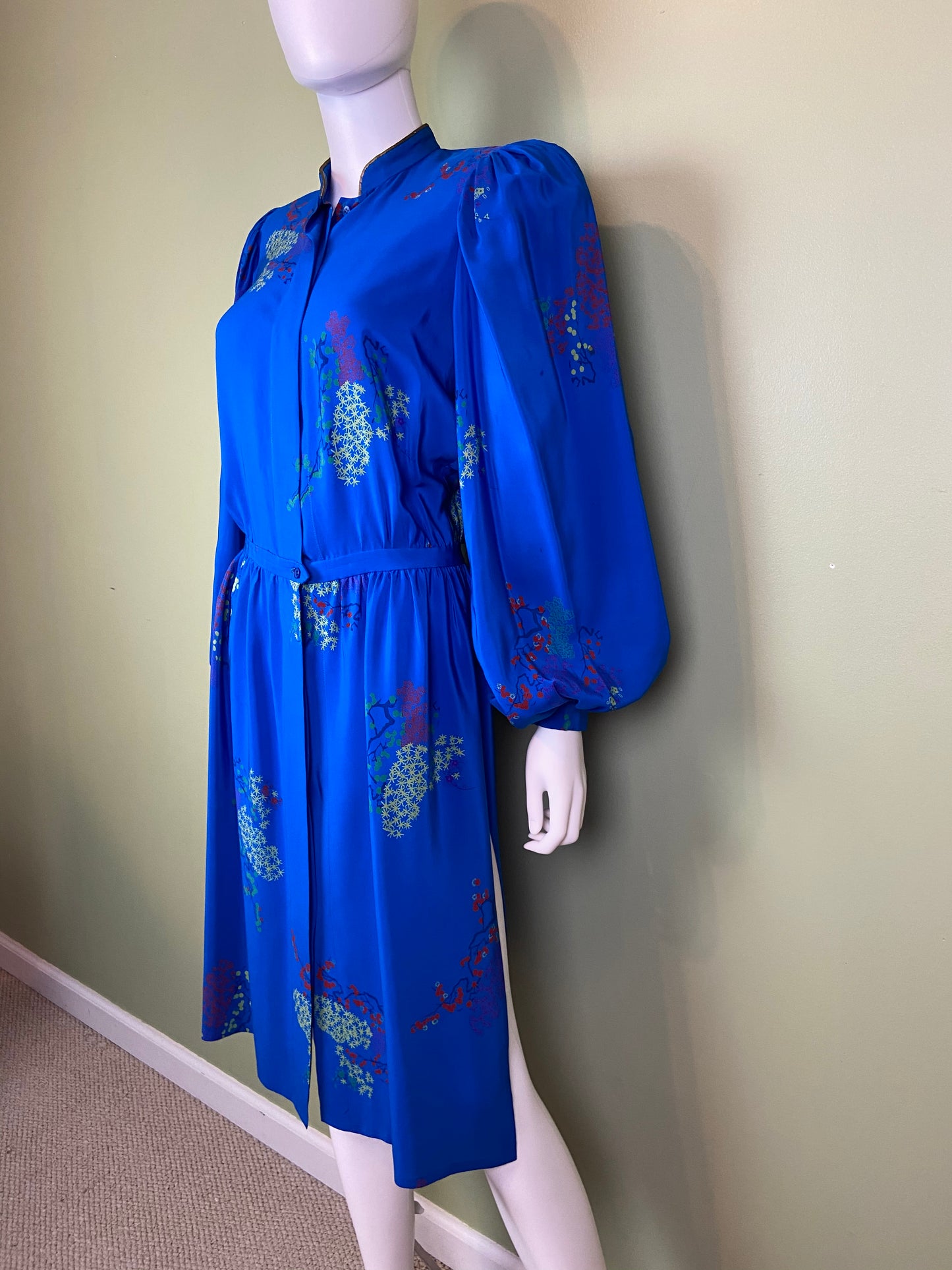 LANVIN Vintage Floral Royal Blue Silk Dress with Skirt