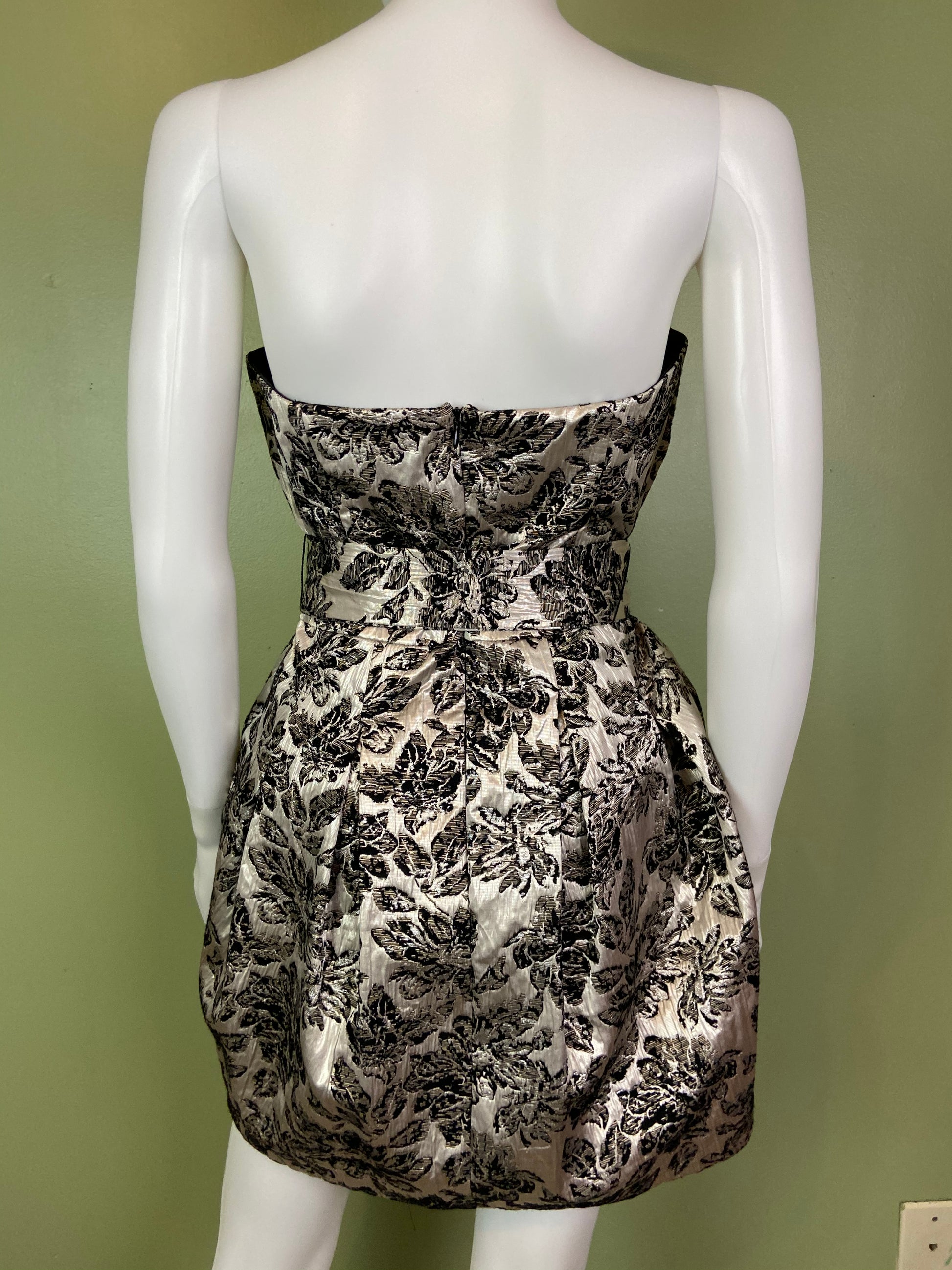 Silver Lame Black Floral Strapless Bustier Bubble Dress Abby Essie