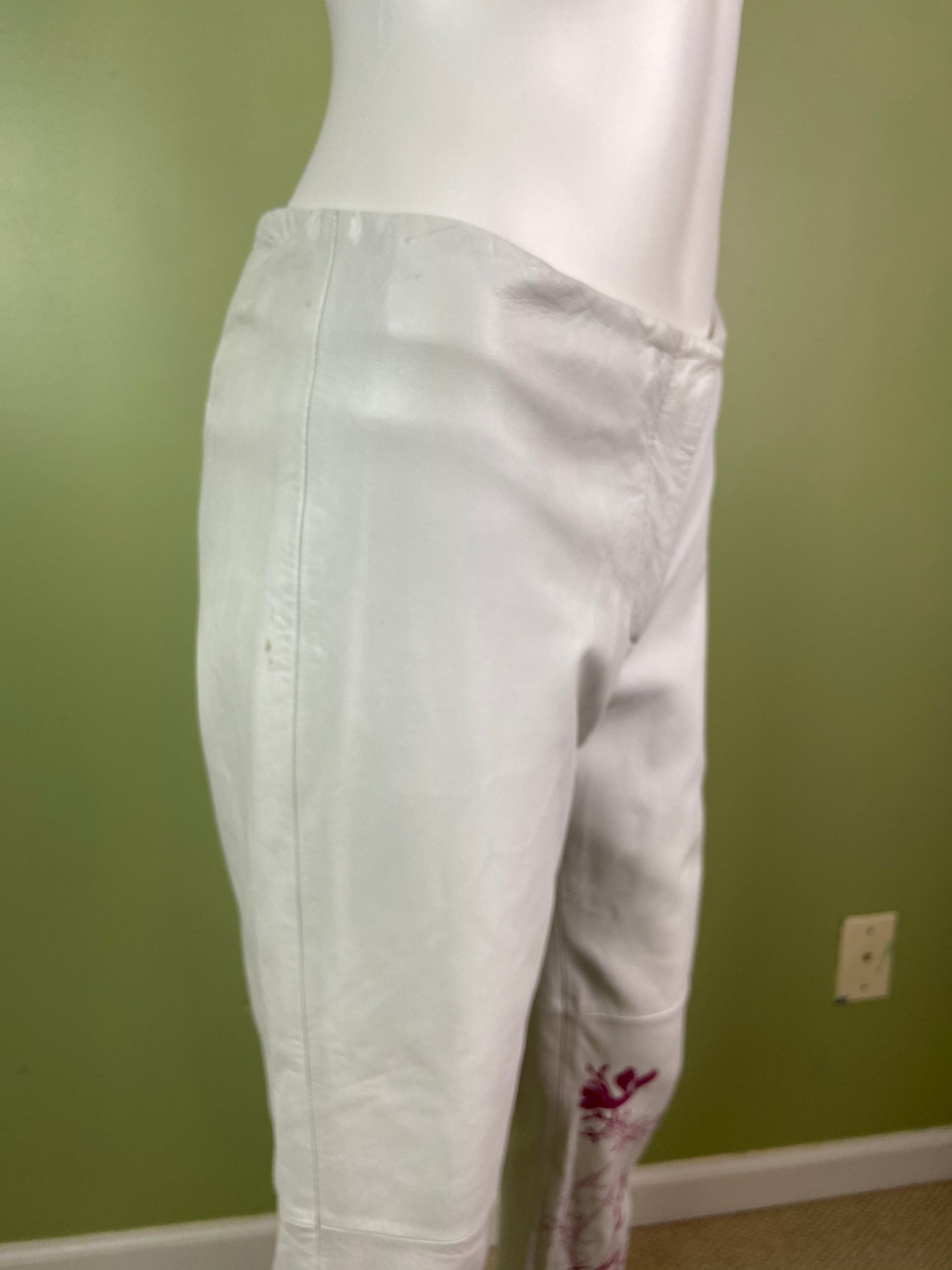 Vintage White Lambskin Leather Pink Graphic Print Pants