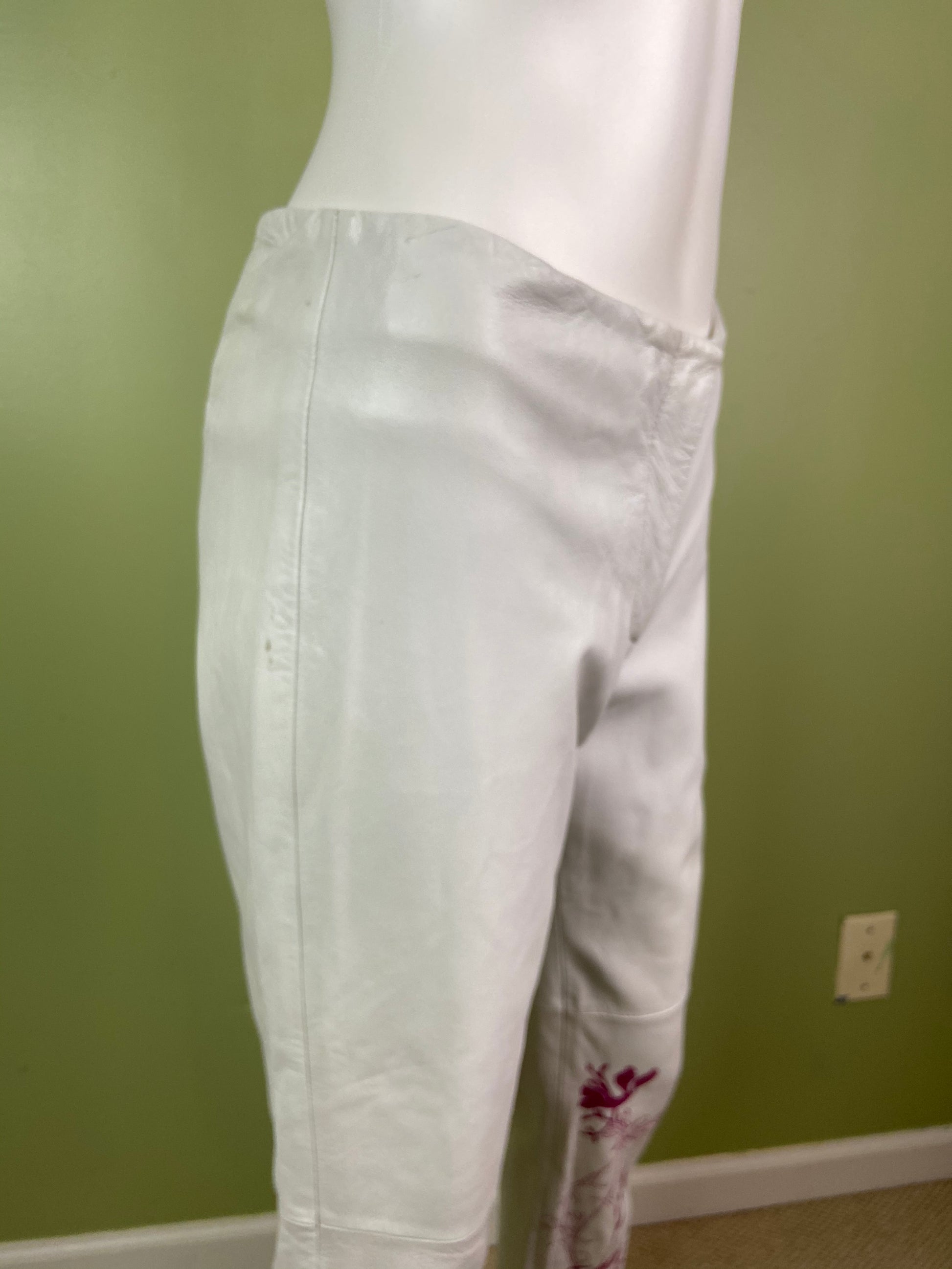 Vintage White Lambskin Leather Pink Graphic Print Pants Abby Essie