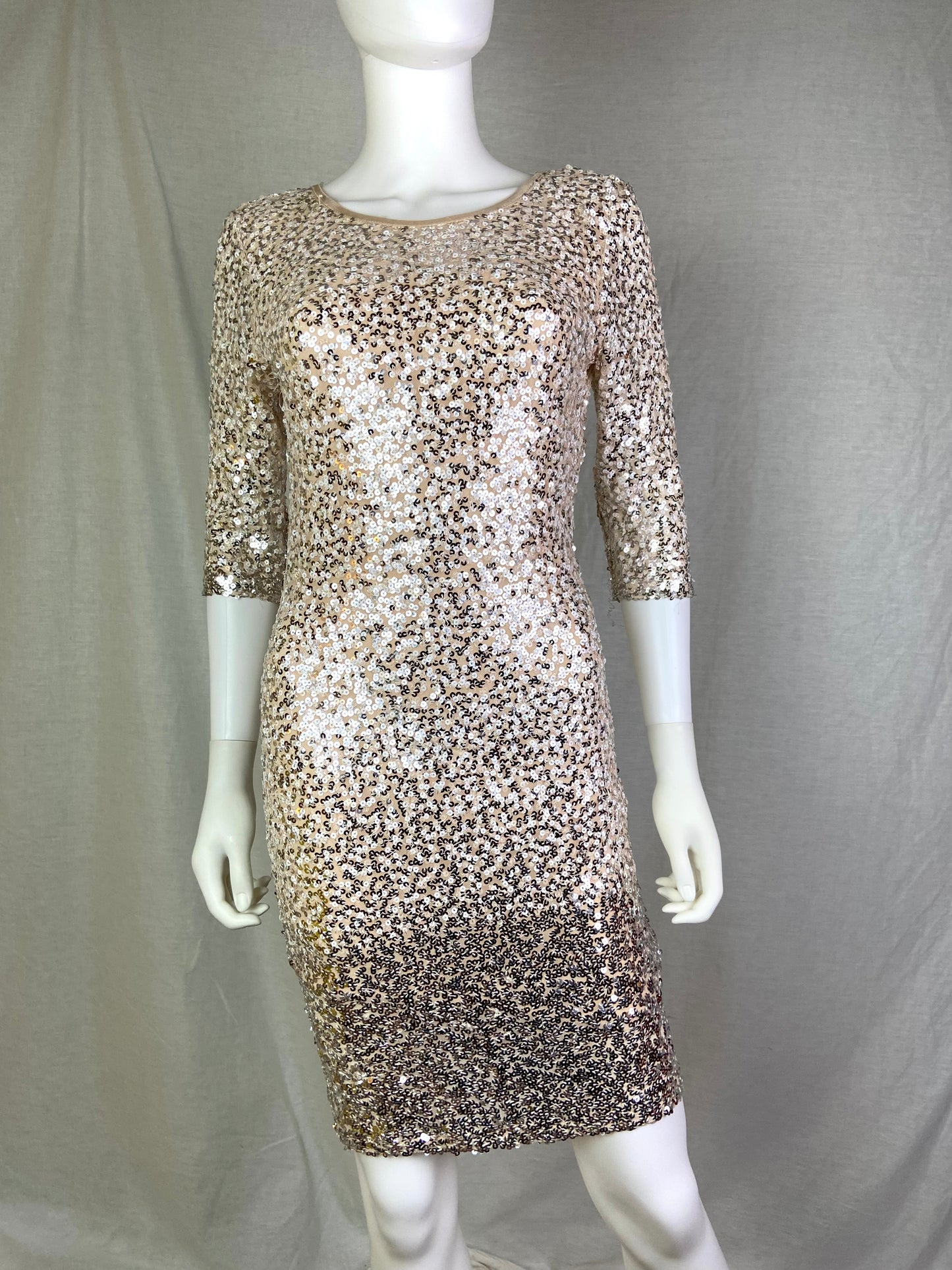 Crystal Doll Beige Champagne Ombré Sequin Stretch Coctail Dress NWT