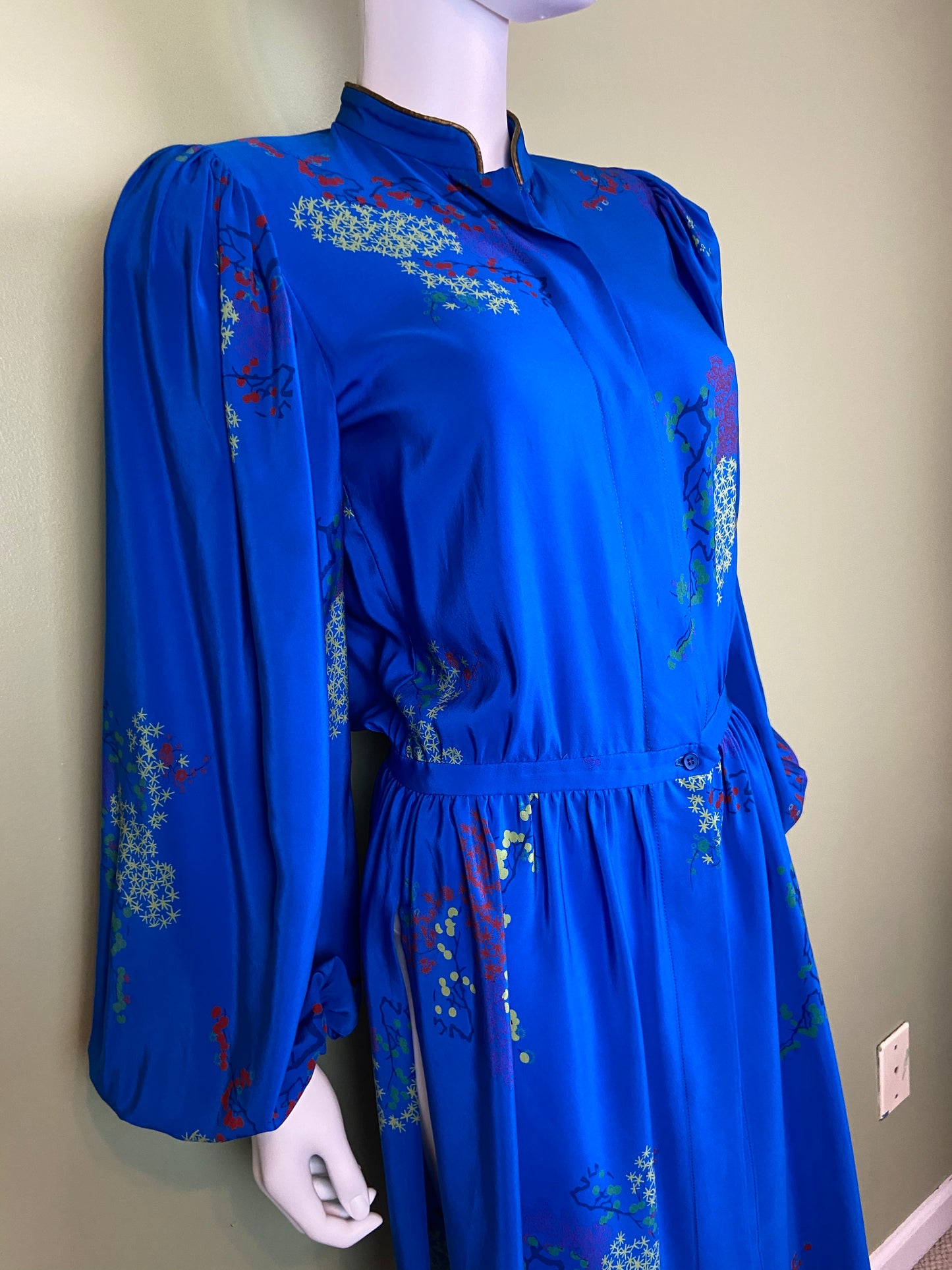 LANVIN Vintage Floral Royal Blue Silk Dress with Skirt