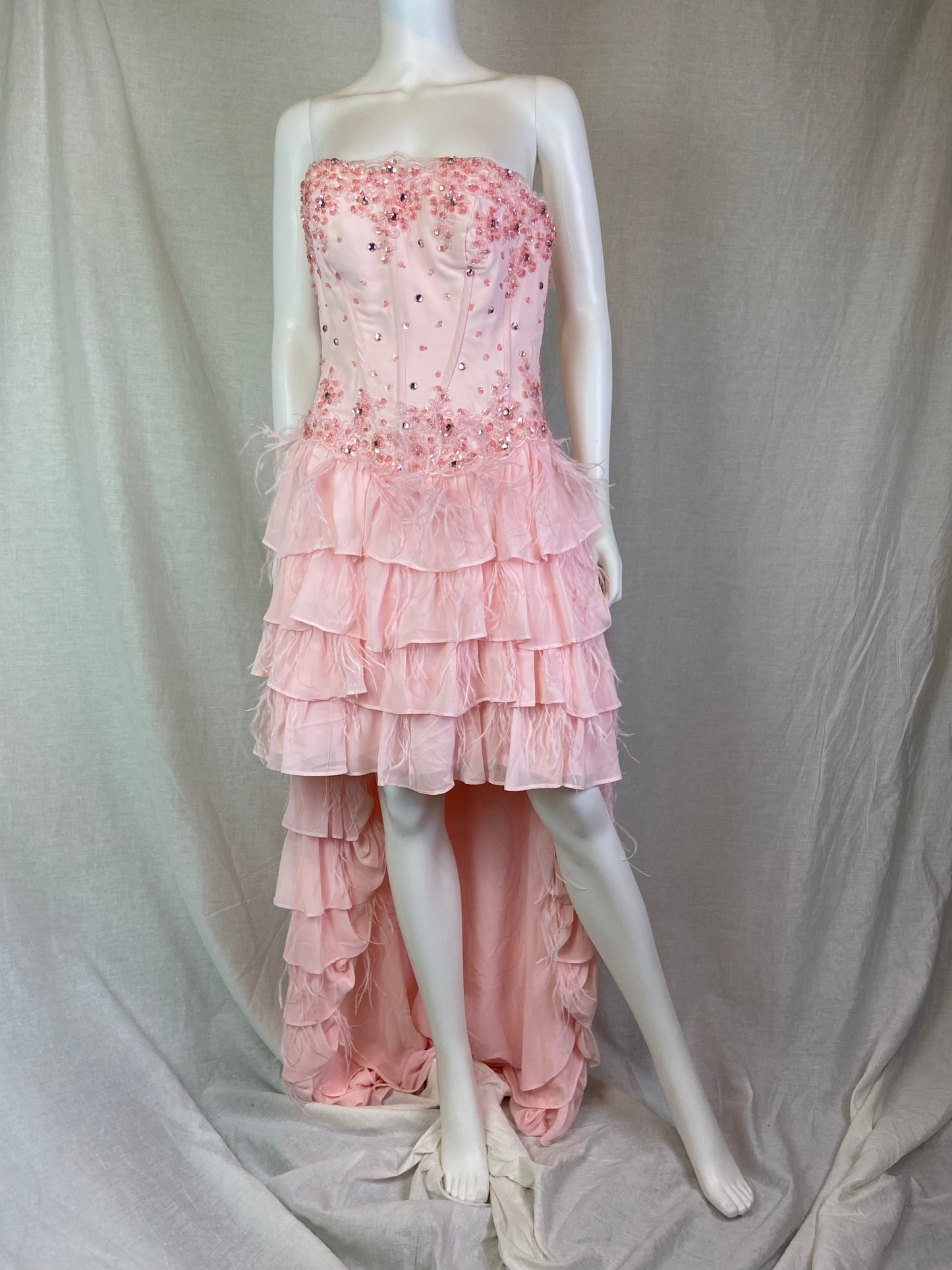 Pink Bustier Rhinestone Feather Boa Ruffle Gown