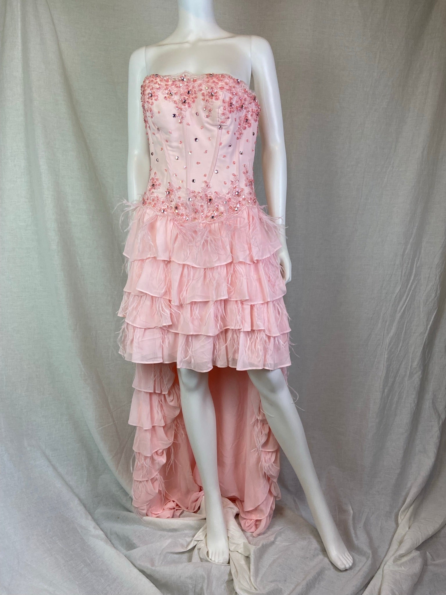 Pink Bustier Rhinestone Feather Boa Ruffle Gown ABBY ESSIE STUDIOS