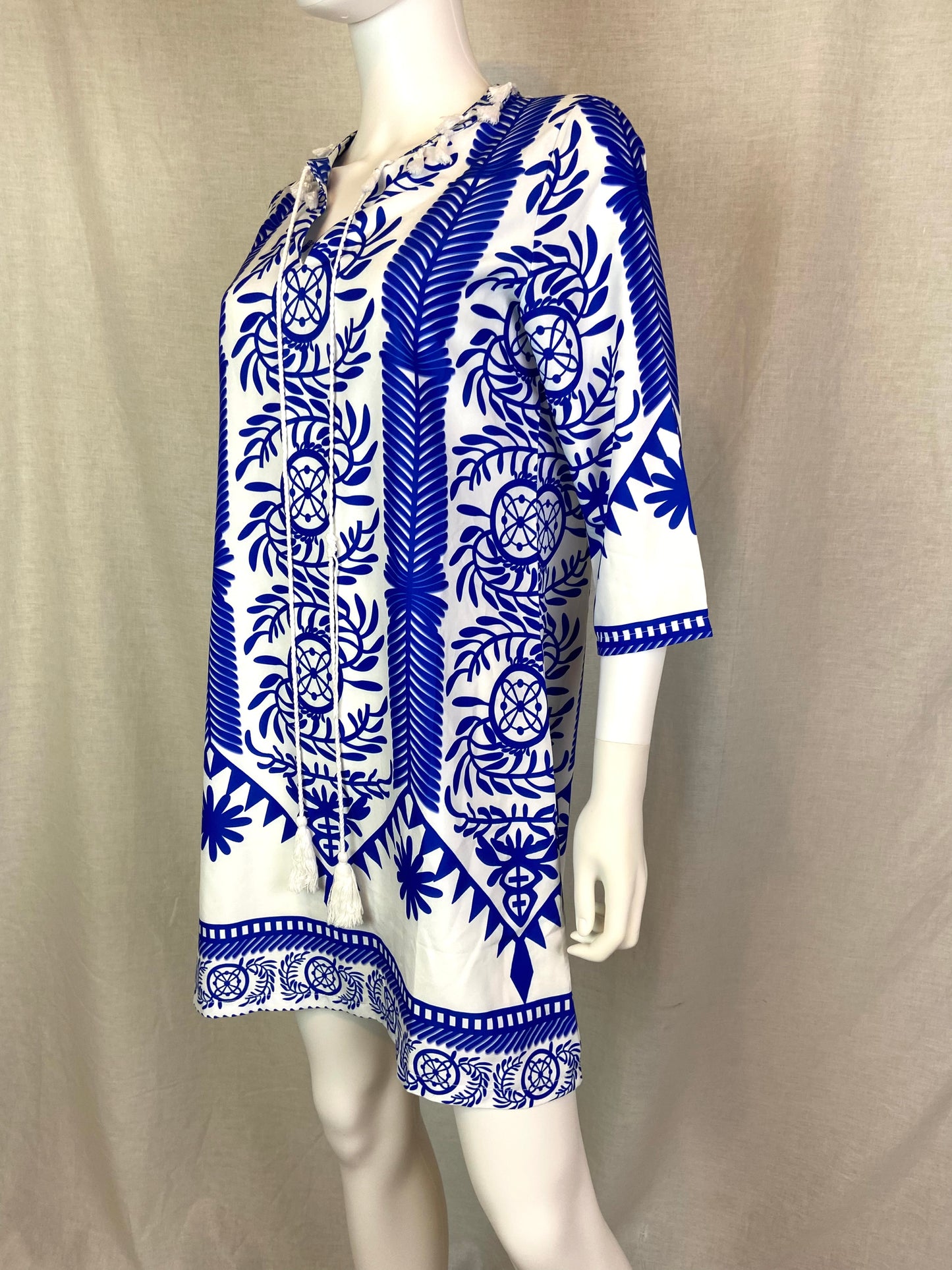 Blue White Silky Geometric Dress Coverup Small ABBY ESSIE STUDIOS