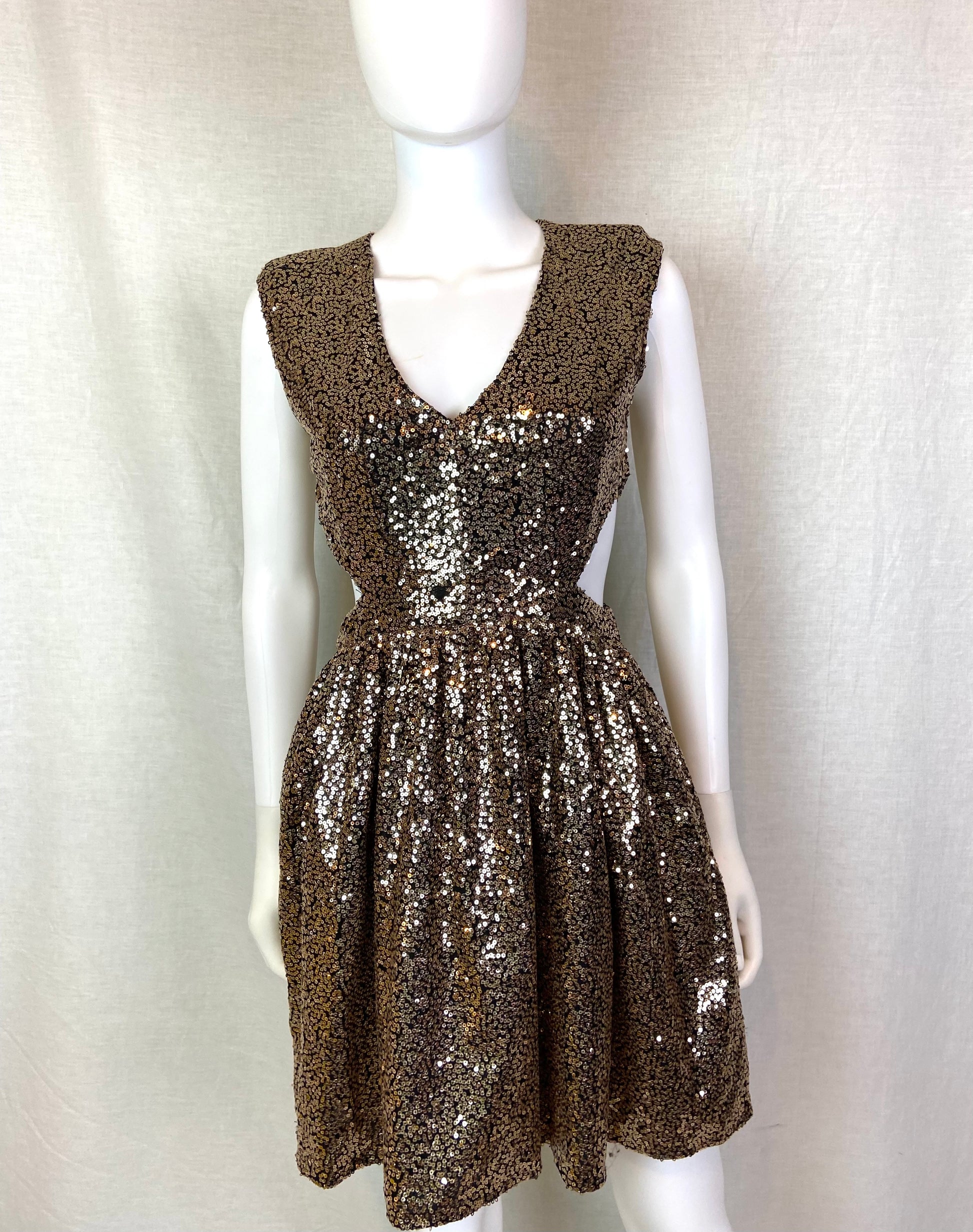 Gold Bronze Sequin Cut Out Dress ABBY ESSIE STUDIOS