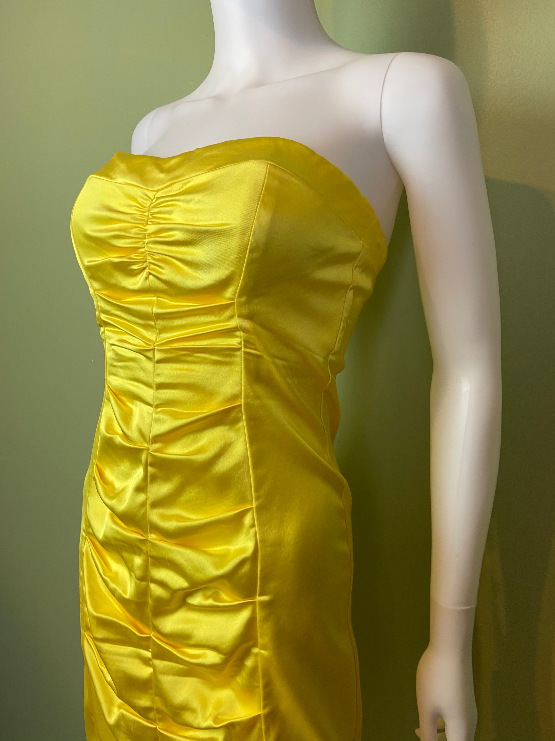 Cache Yellow Stretch Satin Ruche Corset Dress Abby Essie