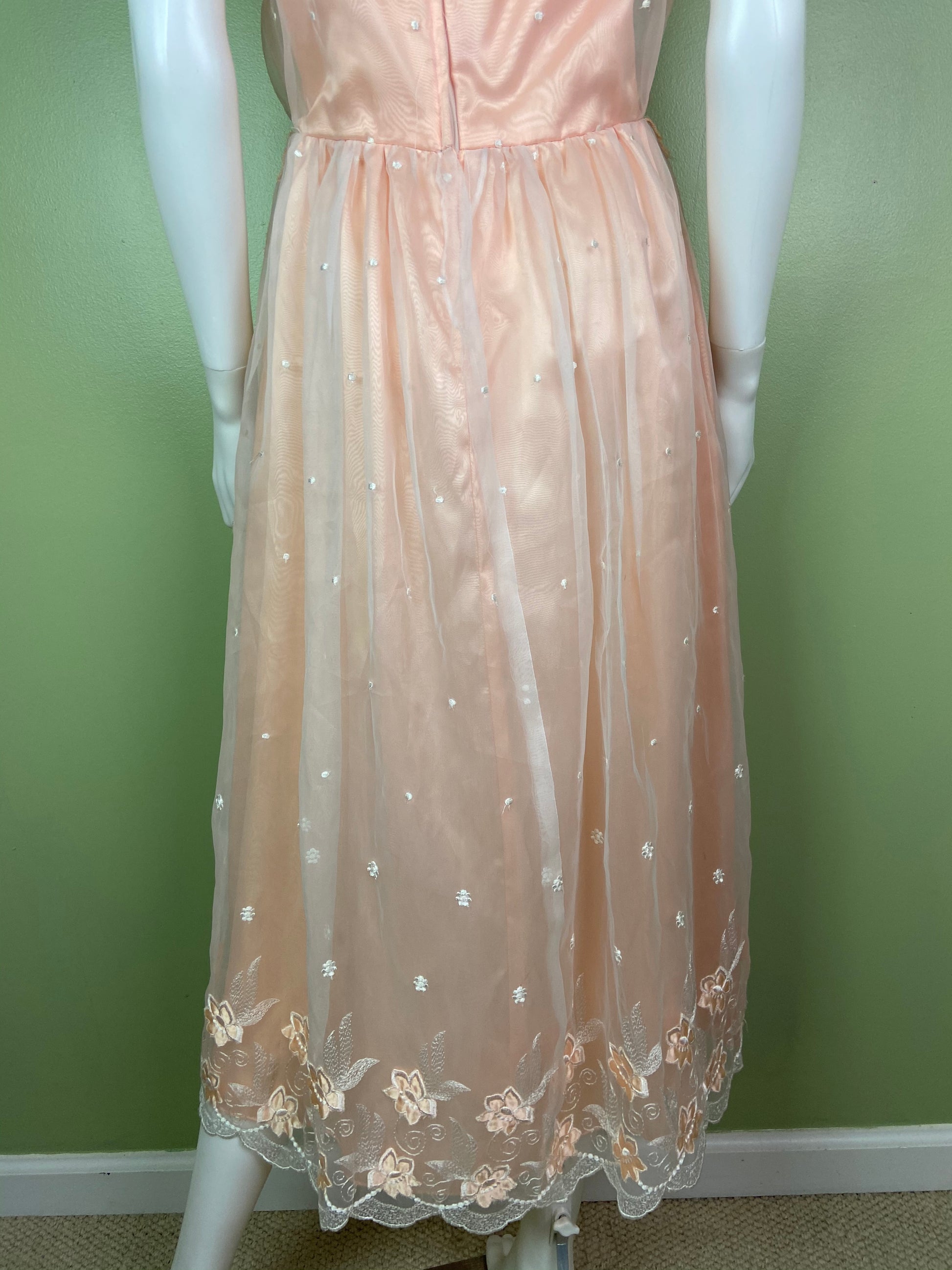 Vintage Victorian Bespoke Pink Peach Satin Sheer Embroidered Floral Lace Dress Gown Abby Essie