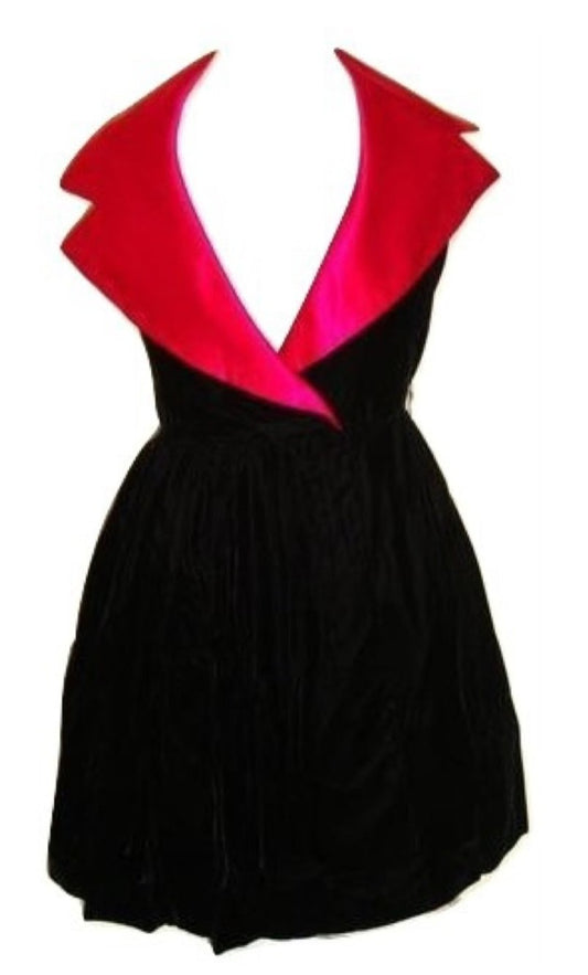 Vintage Glam Black Velvet Cocktail Pink Satin Collar Goth Dress Small 6