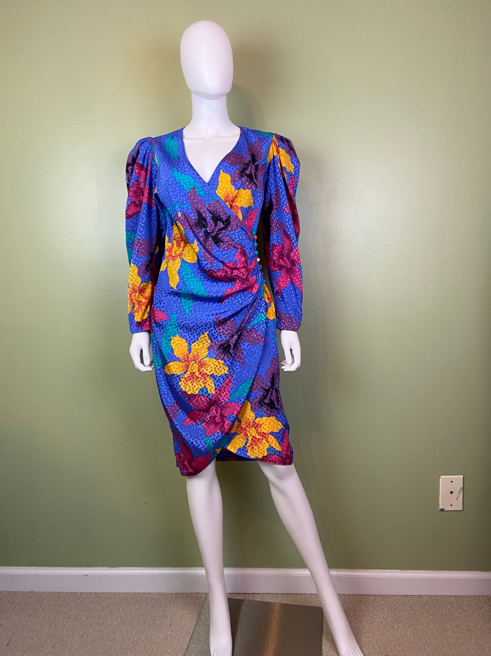 Vintage Silky Blue Floral Wrap Dress ABBY ESSIE Designer & Vintage