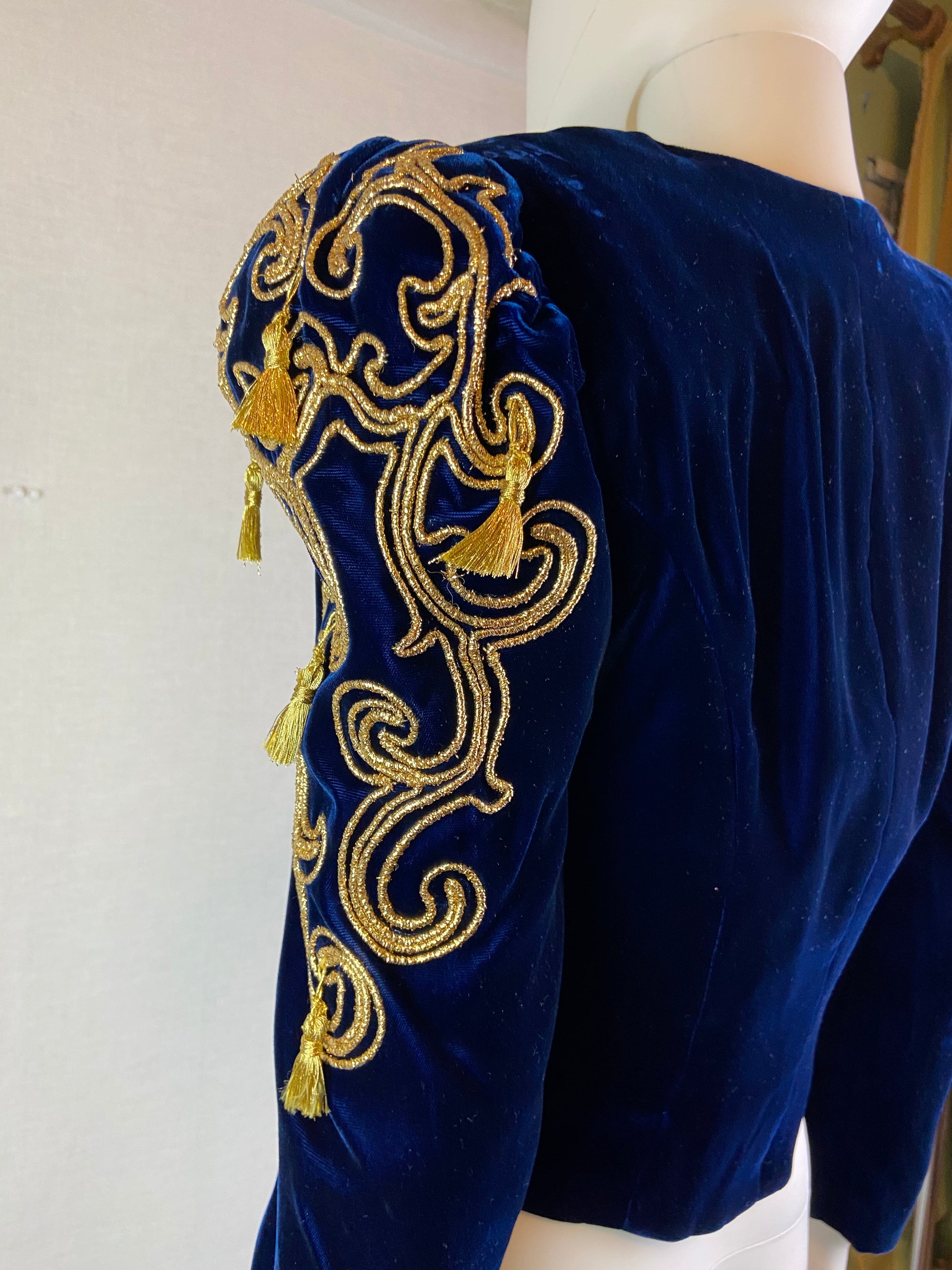 Farinae Navy Blue Velvet Gold Baroque Blazer Jacket ABBY ESSIE STUDIOS