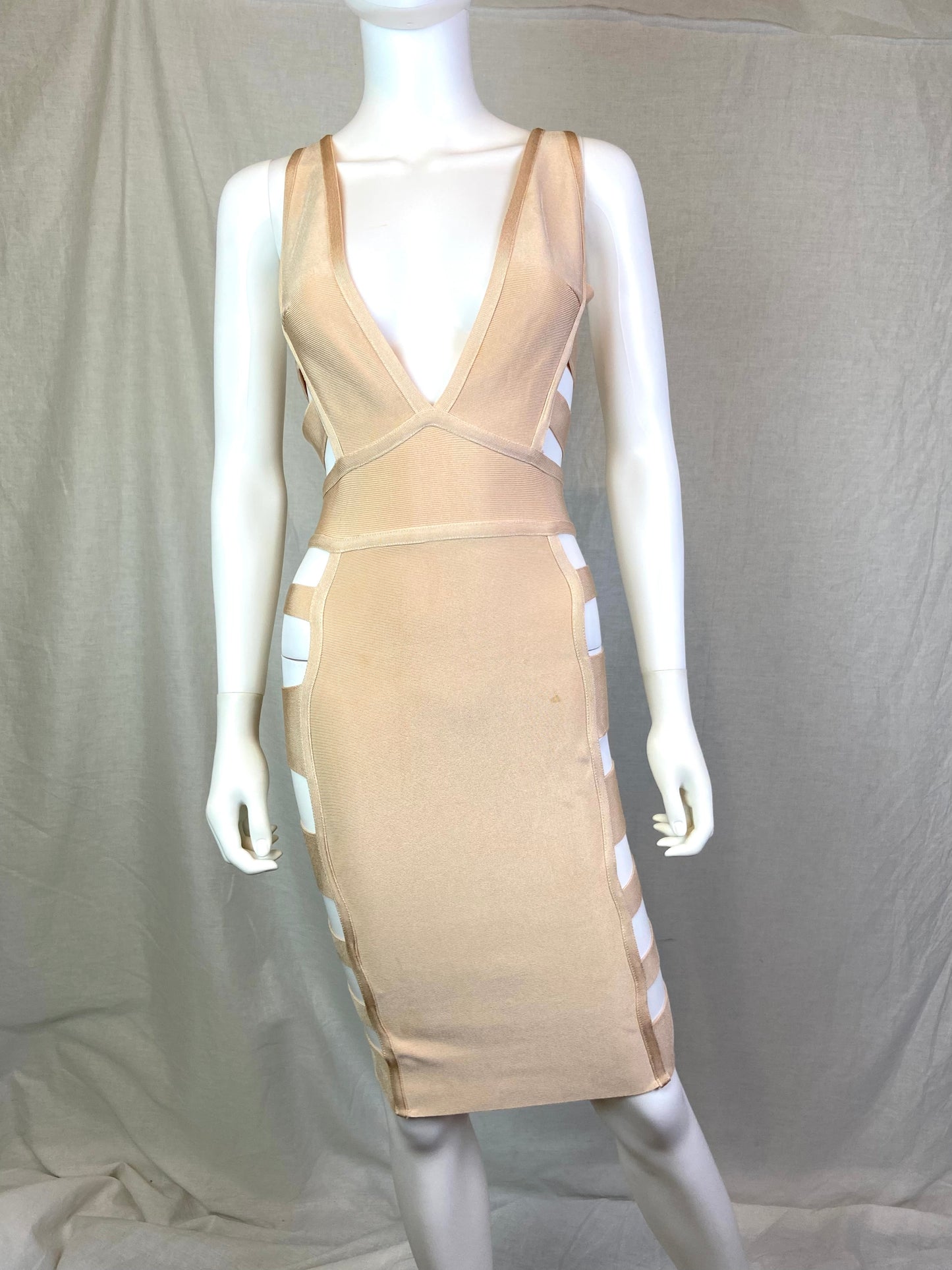 Herve Leger style Beige Plunge Cut Out Bandage Mini Dress ABBY ESSIE STUDIOS