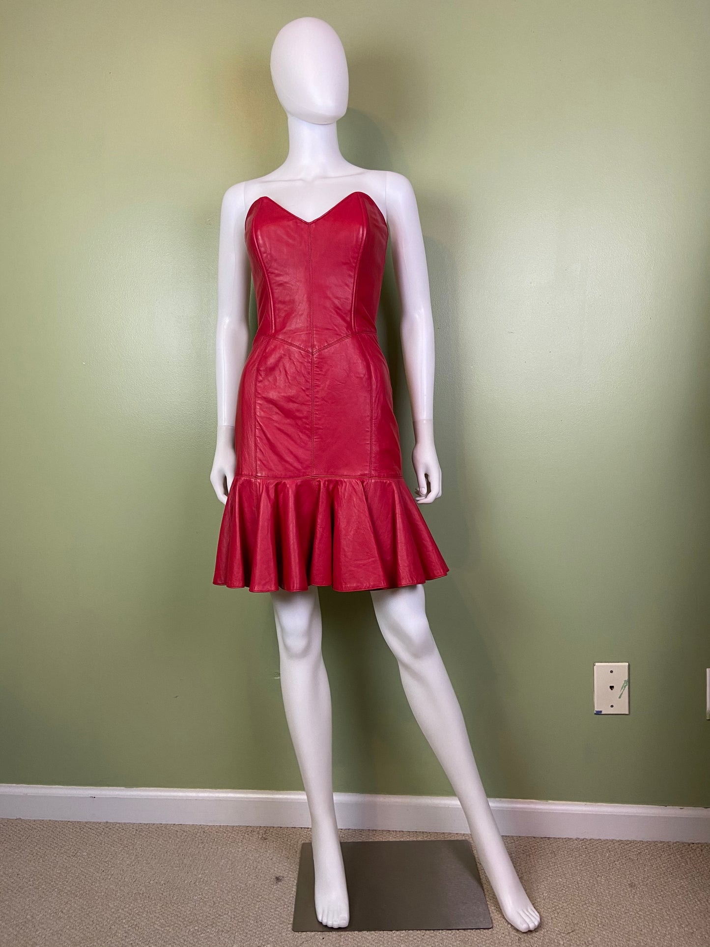 [SOLD] Vintage Michael Hoban Red Leather Bustier Ruffle Mini Dress