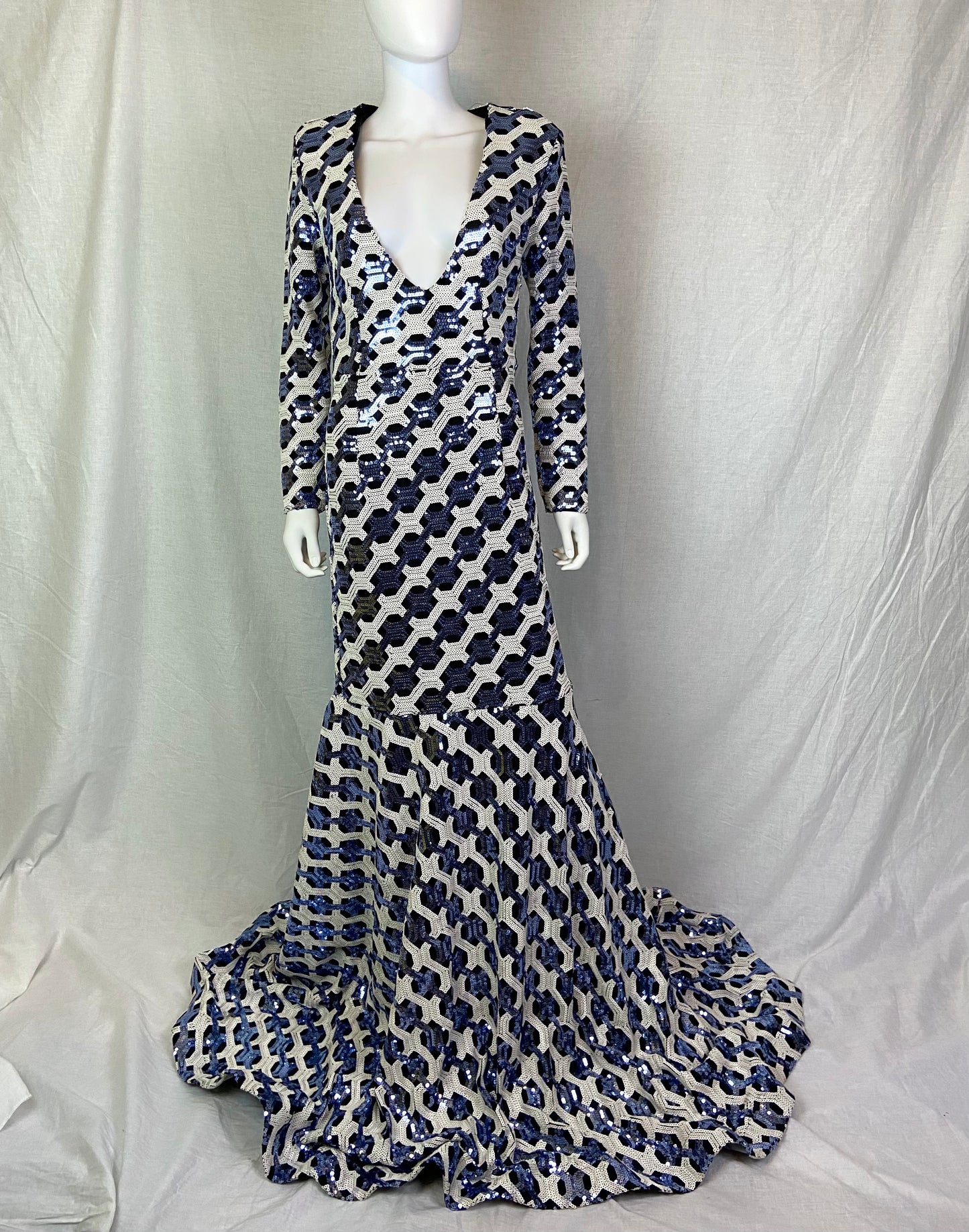 VINTAGE CUSTOM Blue White Black Sequin Mermaid Gown