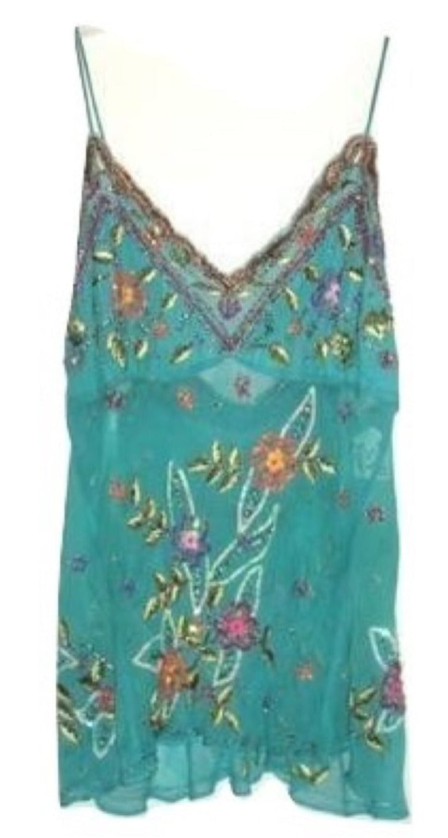 Luxury Sexy Silk Turquoise Blue Sue Wong Beaded Cocktail Formal Tank Top Small Abby Essie