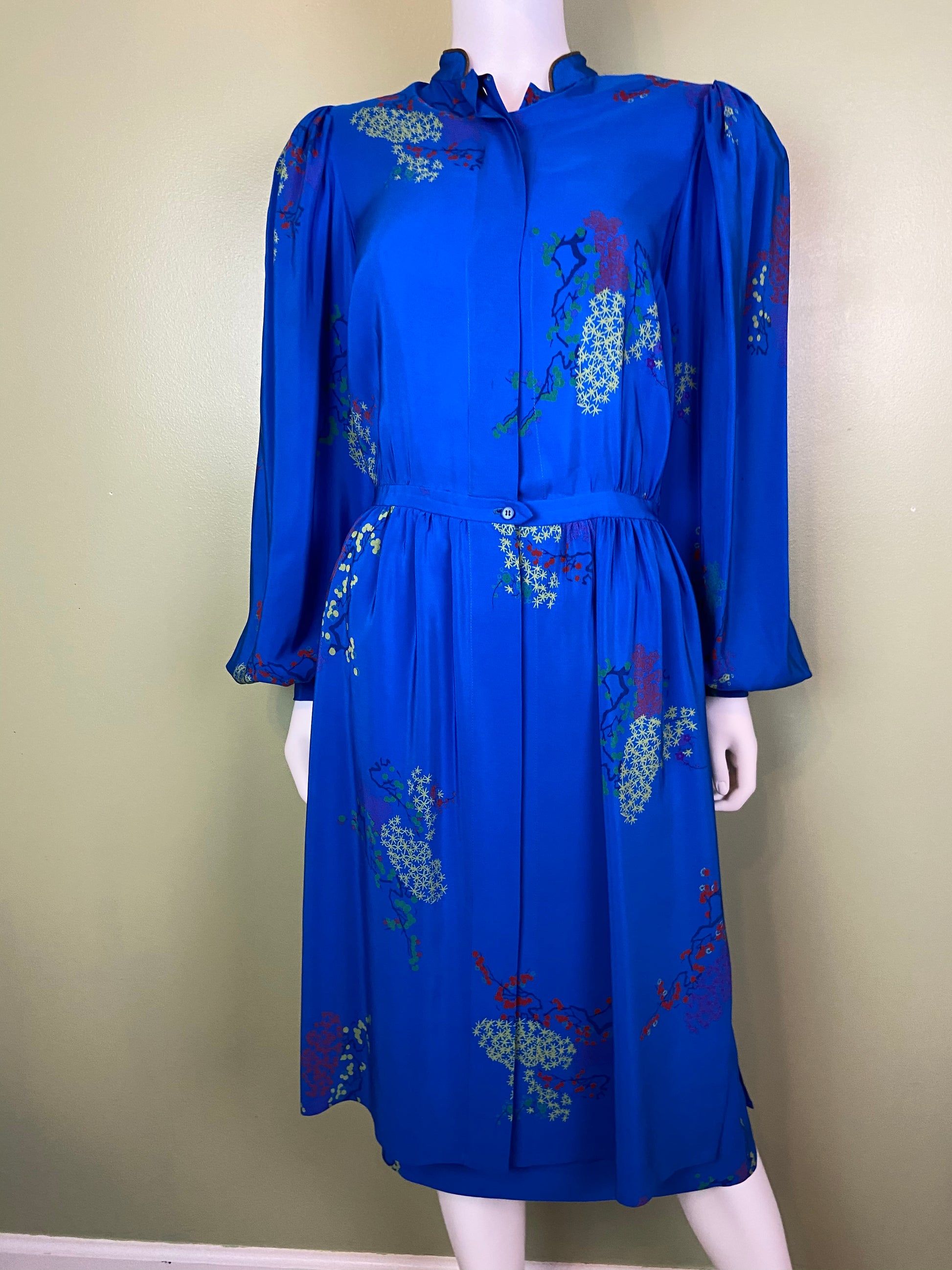 LANVIN Vintage Floral Royal Blue Silk Dress with Skirt Abby Essie