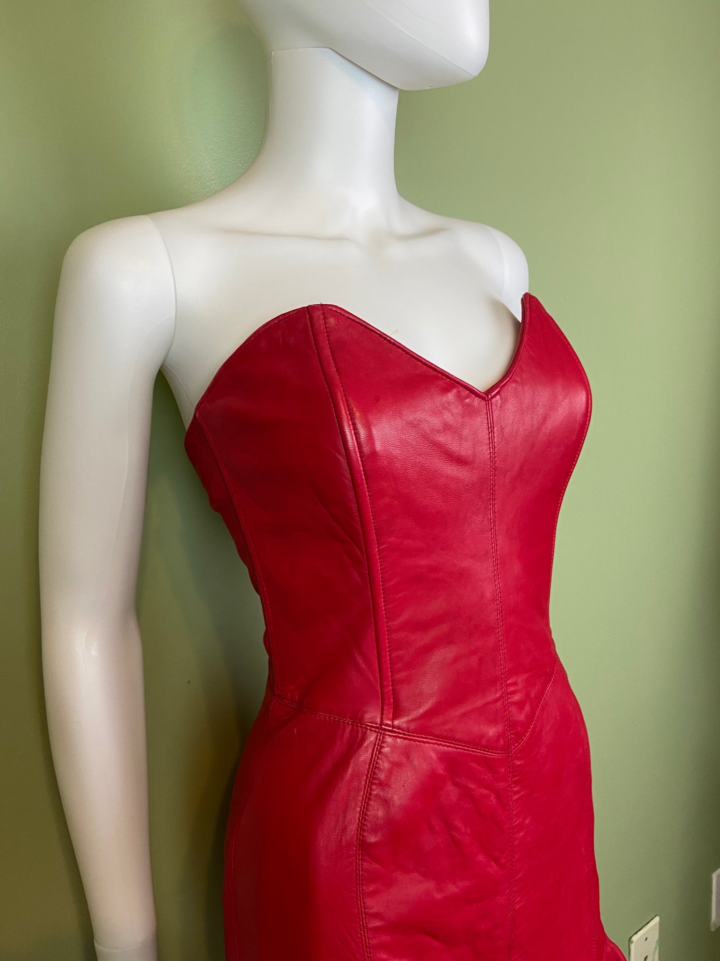[SOLD] Vintage Michael Hoban Red Leather Bustier Ruffle Mini Dress