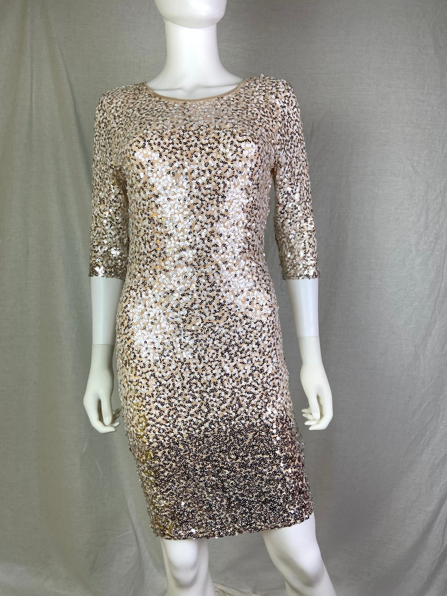 Crystal Doll Beige Champagne Ombré Sequin Stretch Coctail Dress NWT