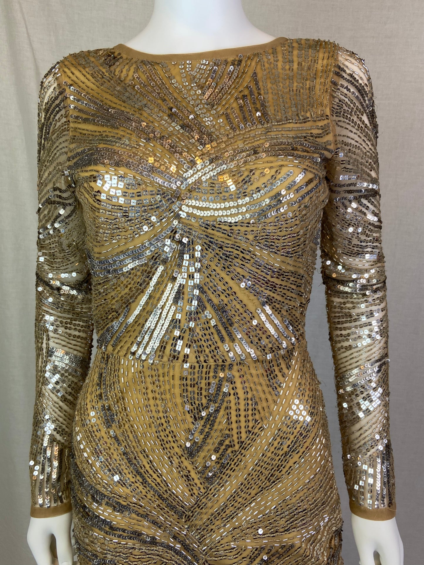 Venus Couture Beaded Beige Tan Cocktail Dress