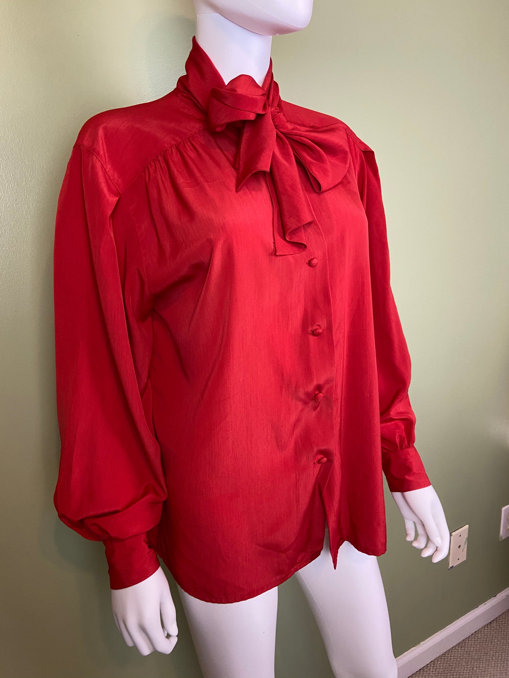 Vintage Red Kitten Bow Silky Blouson Sleeve Career Cocktail Abby Essie