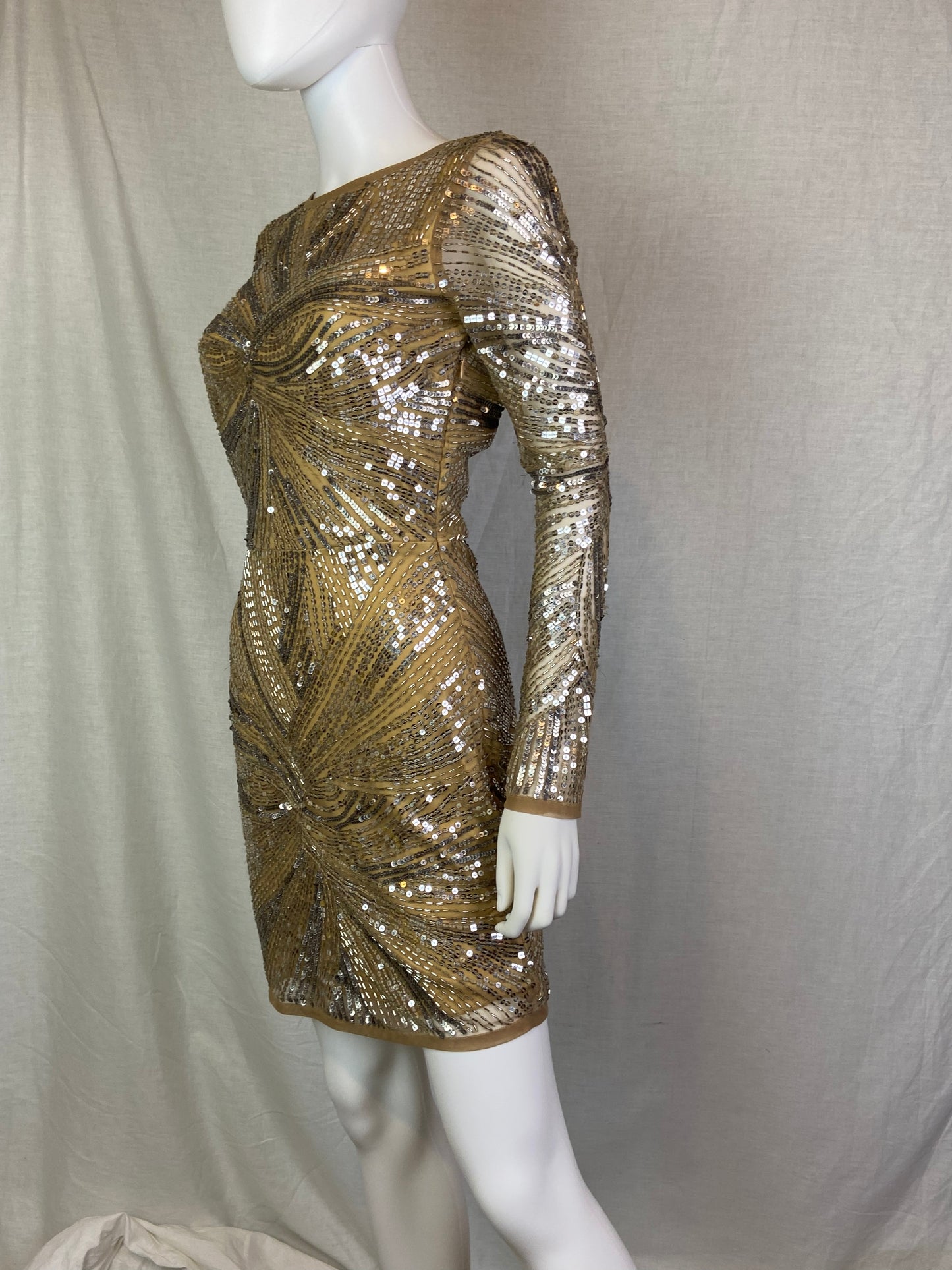 Venus Couture Beaded Beige Tan Cocktail Dress