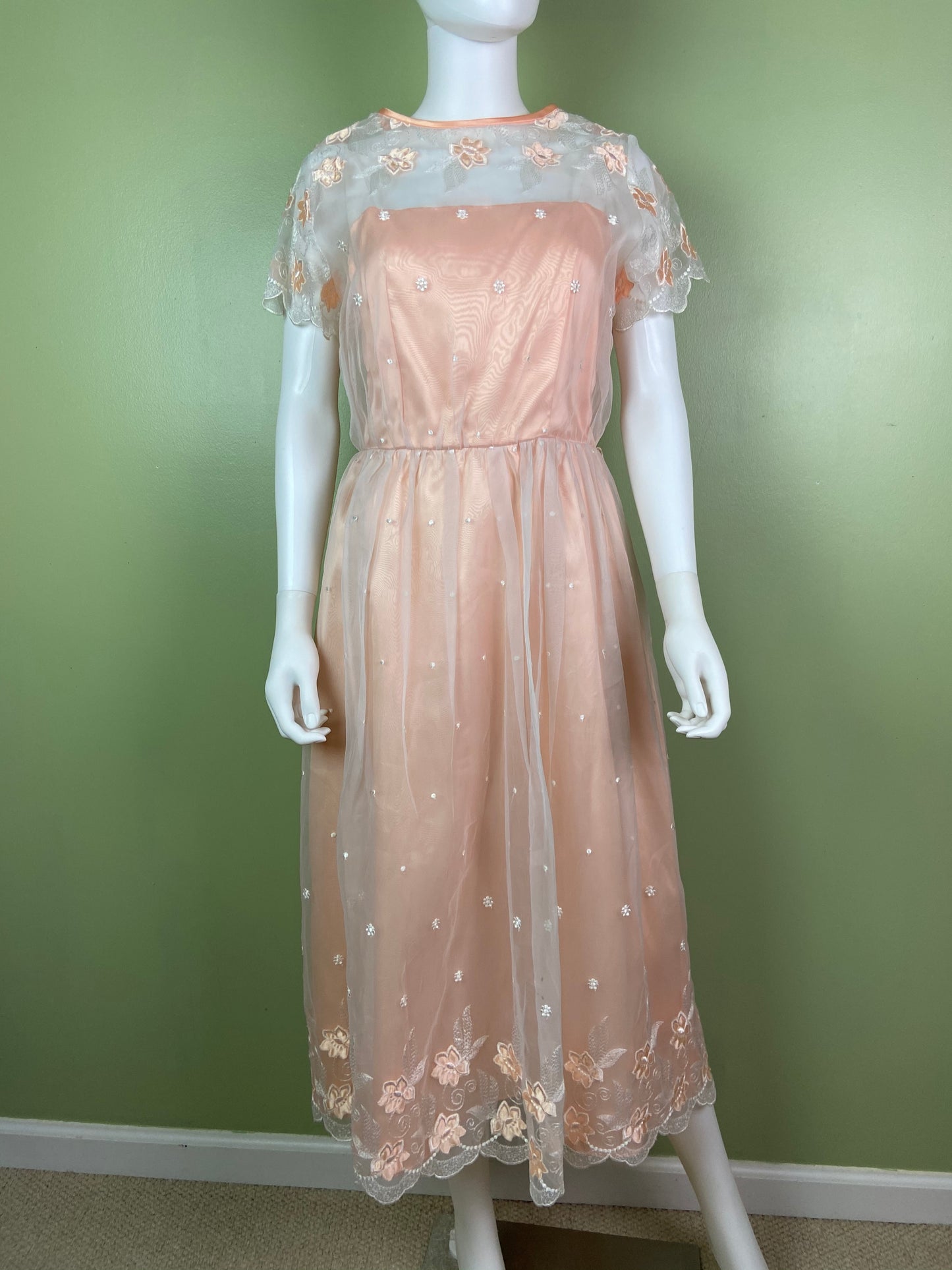 Vintage Victorian Bespoke Pink Peach Satin Sheer Embroidered Floral Lace Dress Gown