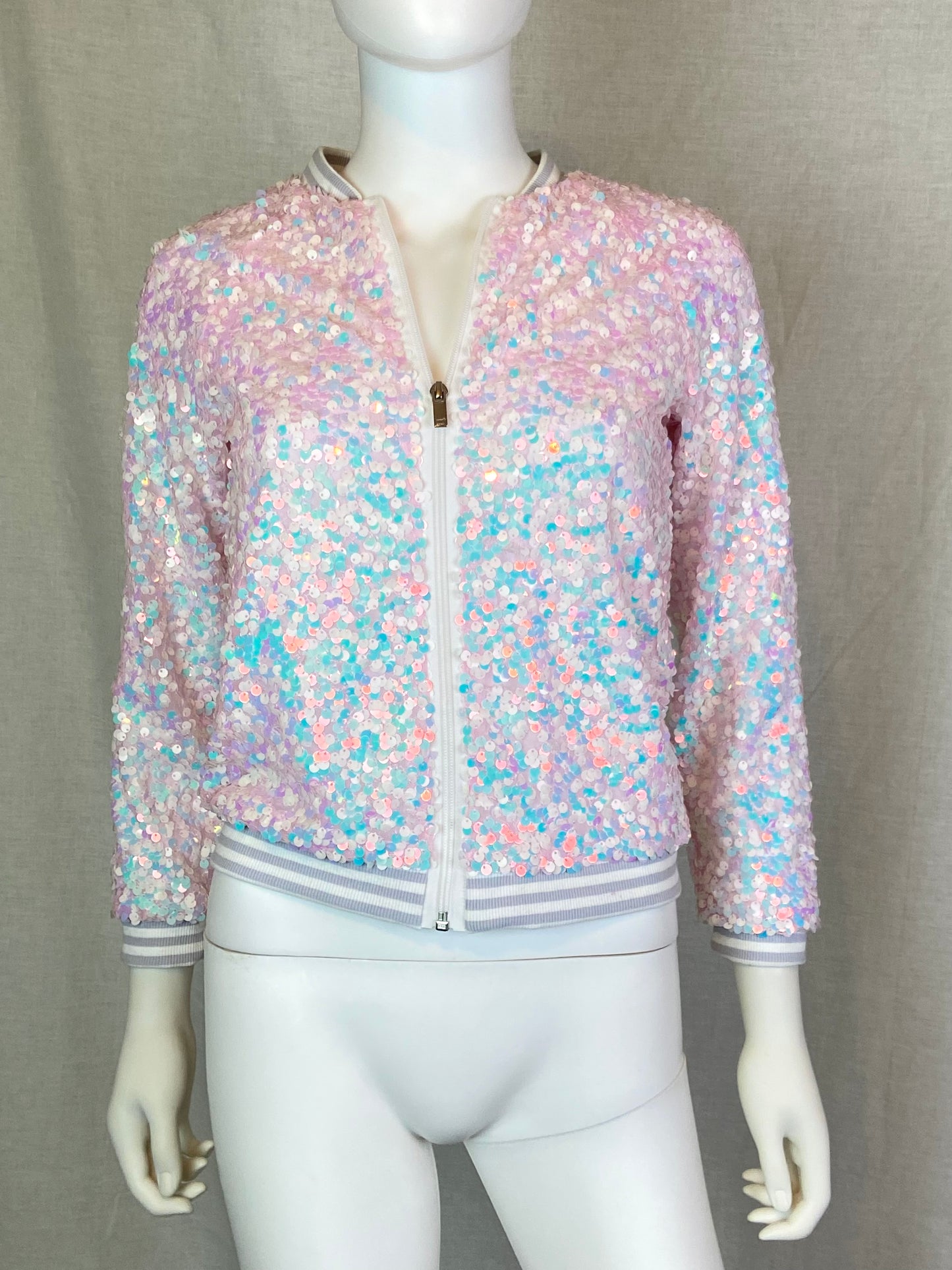 Iridescent Pink White Sequin Jacket Girls L 10-12