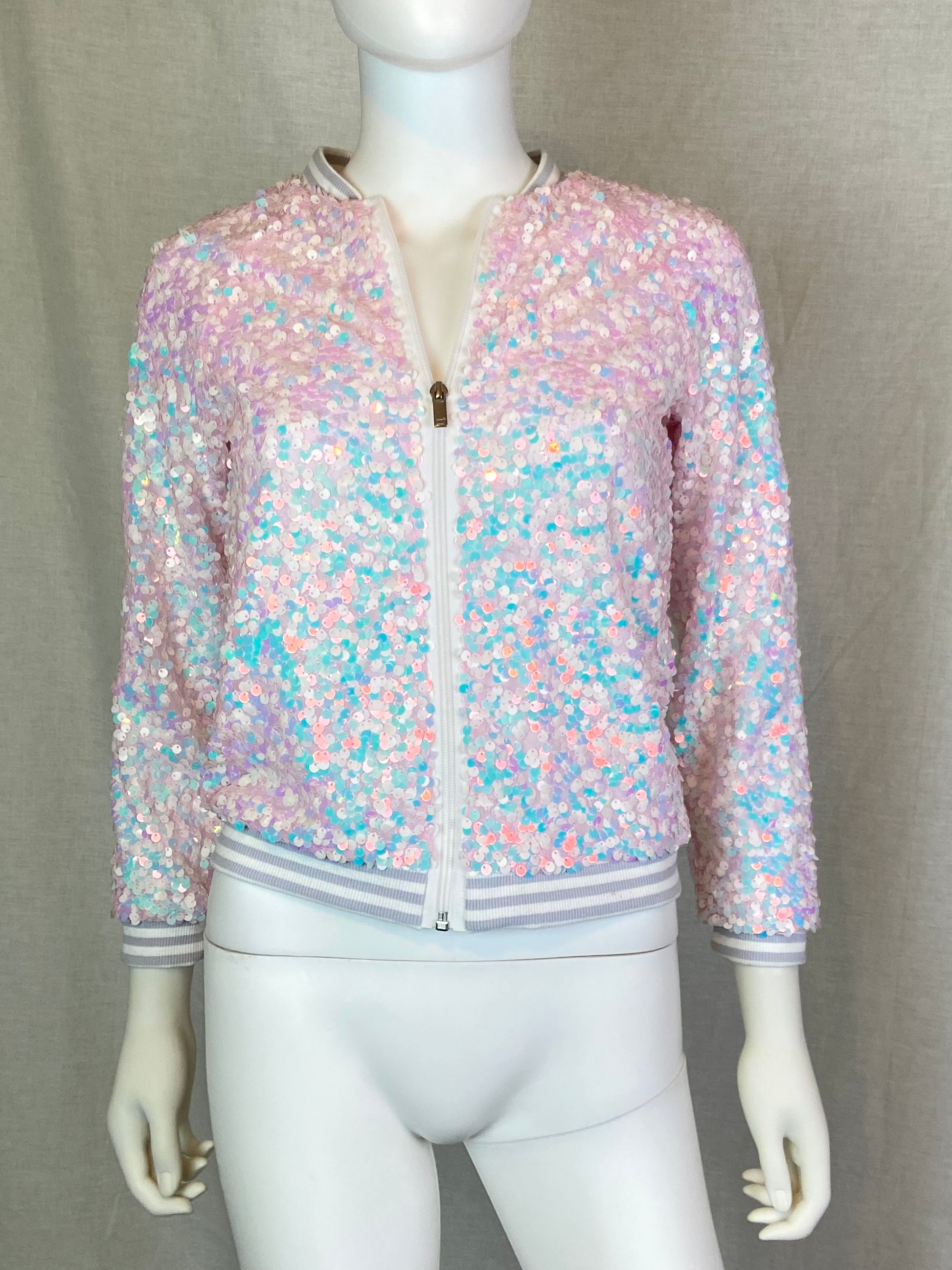 Iridescent Pink White Sequin Jacket Girls L 10-12 ABBY ESSIE STUDIOS