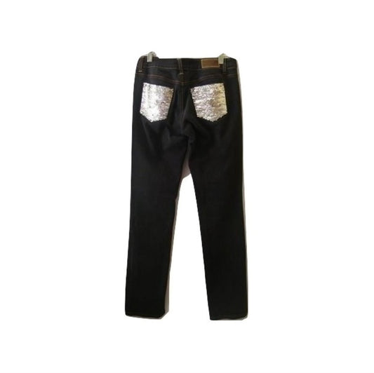 Dark Denim Jeans W/ Sequined Back Pockets