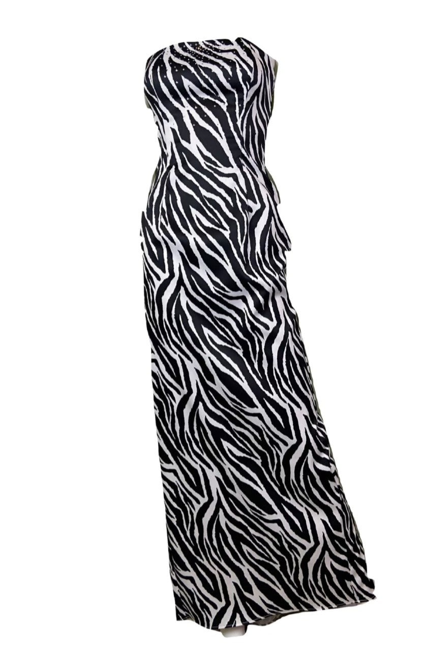 Vintage Zebra Print Satin Rhinestone Tuxedo Gown