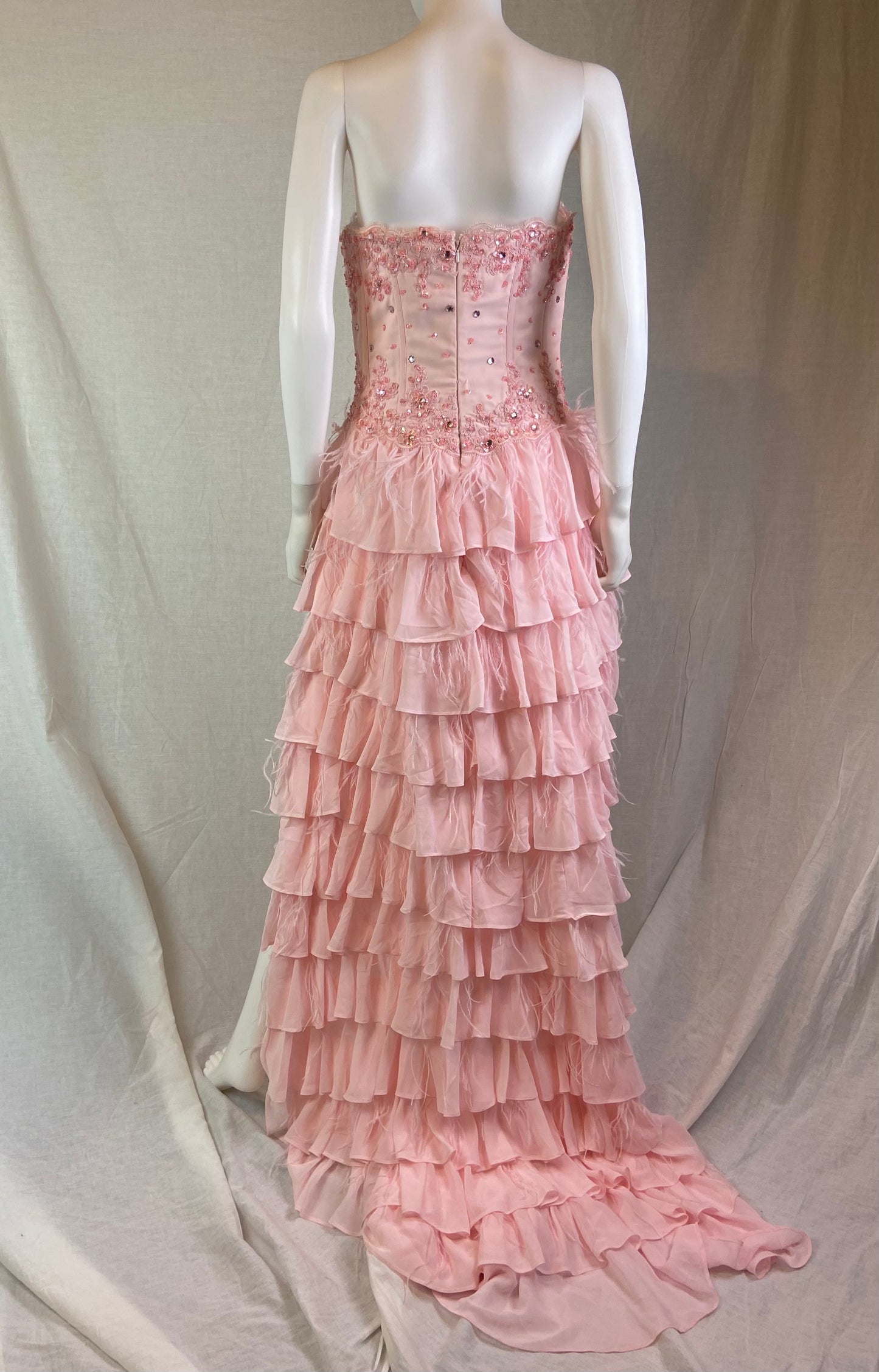 Pink Bustier Rhinestone Feather Boa Ruffle Gown