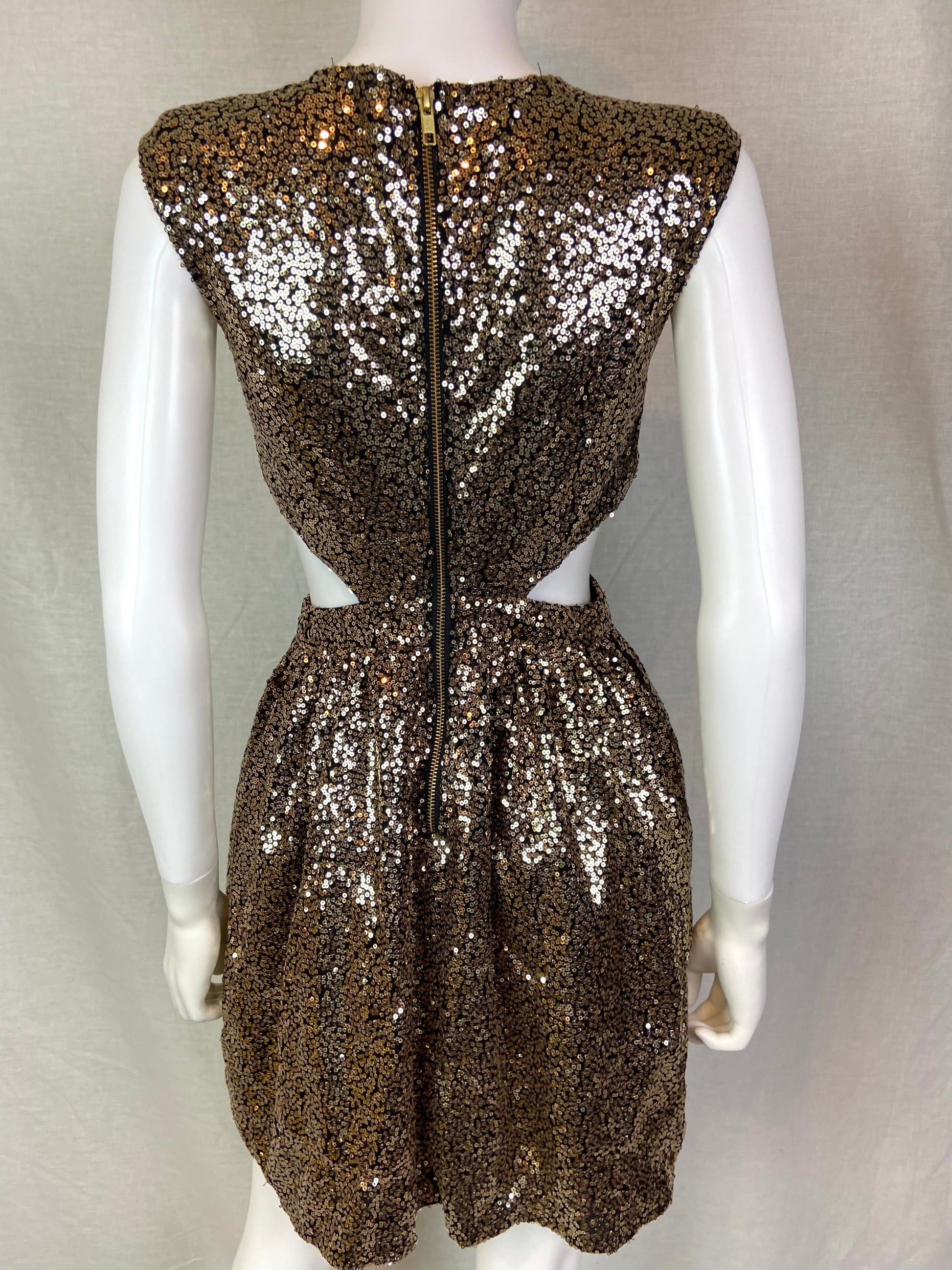 Gold Bronze Sequin Cut Out Dress ABBY ESSIE STUDIOS