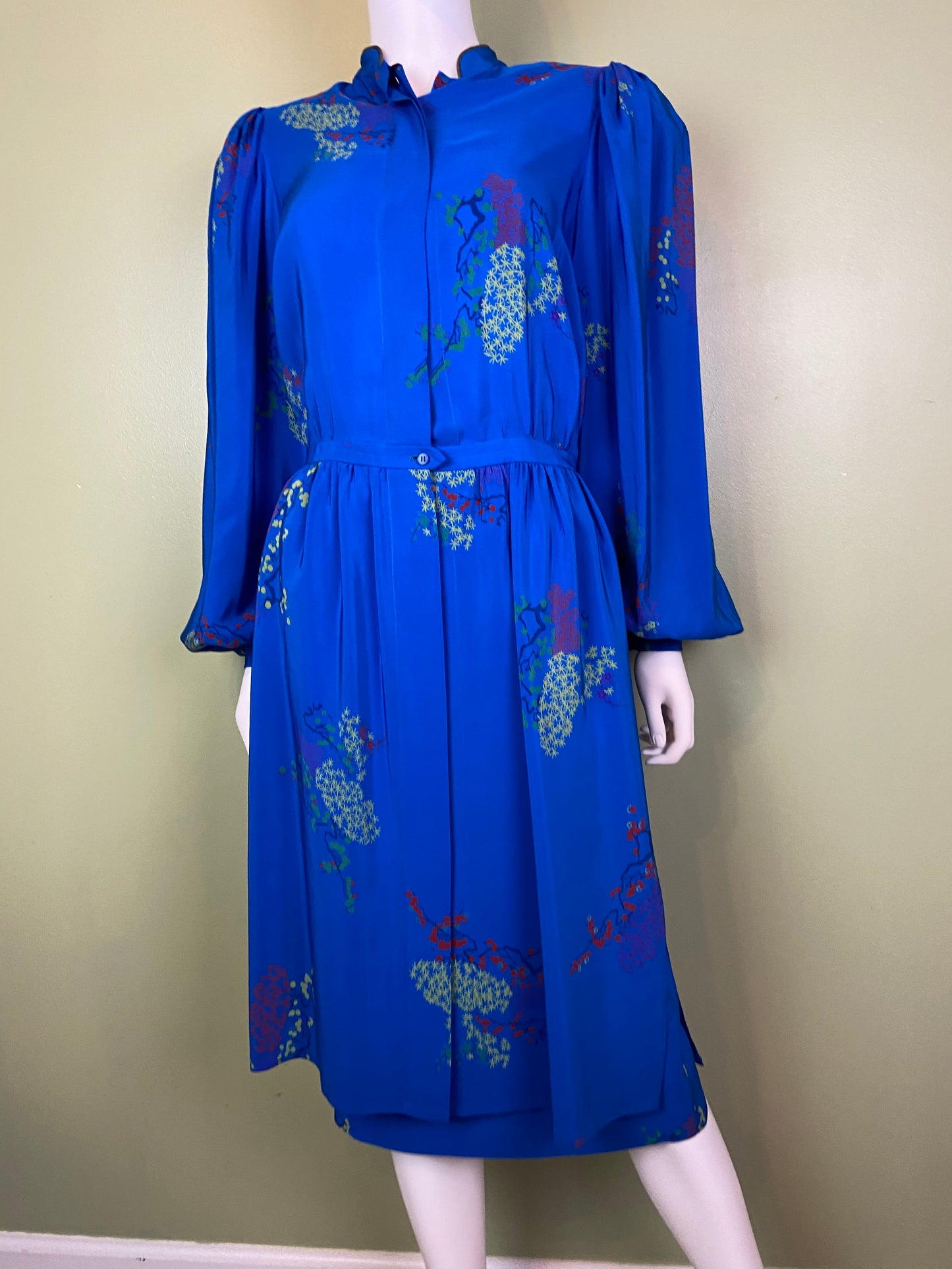 LANVIN Vintage Floral Royal Blue Silk Dress with Skirt