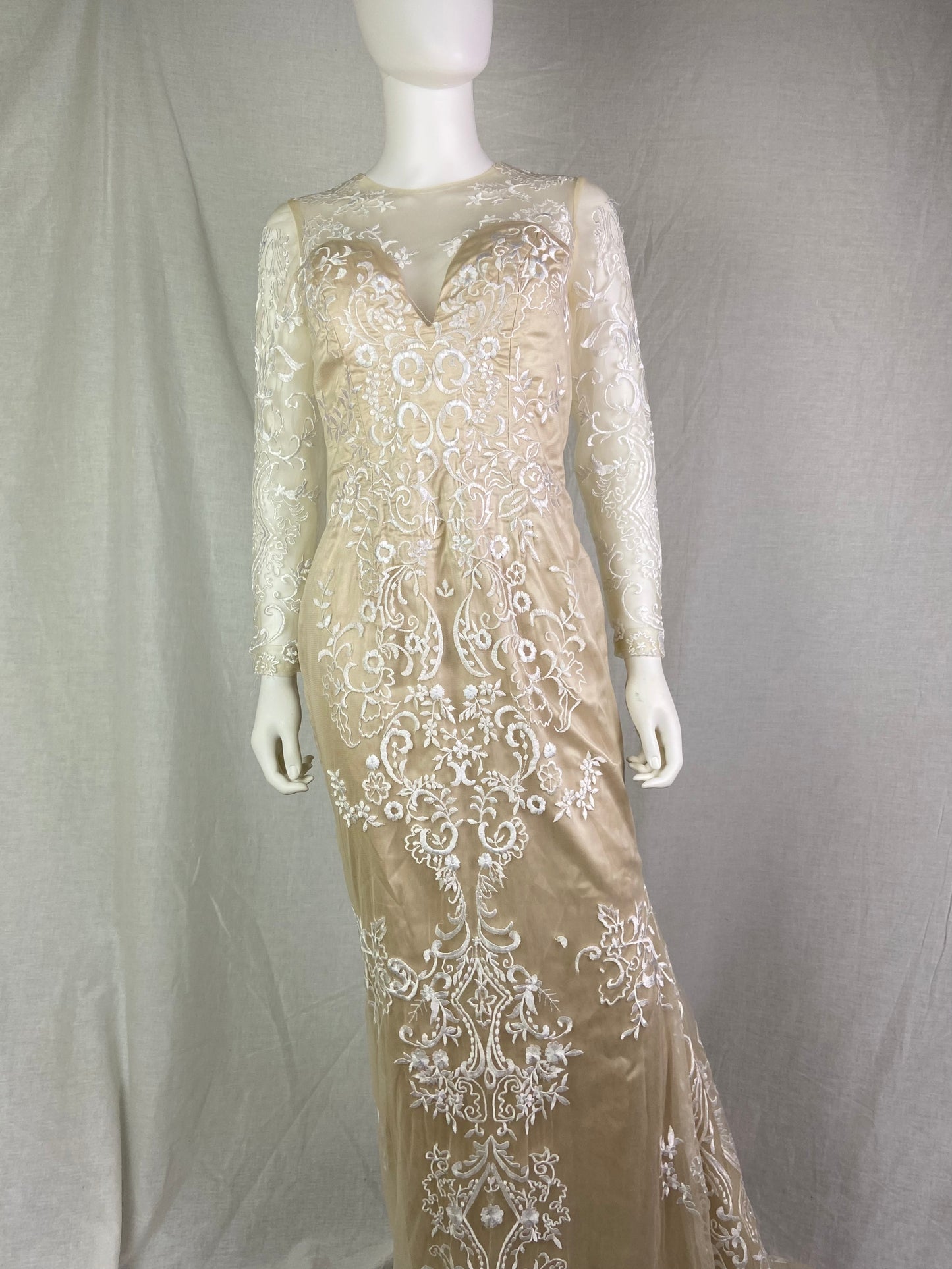Vtg Champagne Cream Beige Embroidered Sheer Satin Wedding Gown