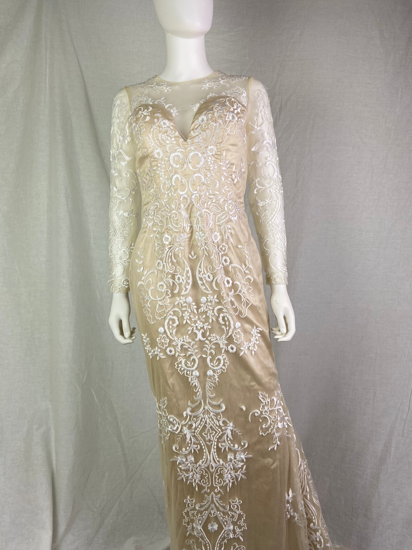 Vtg Champagne Cream Beige Embroidered Sheer Satin Wedding Gown ABBY ESSIE STUDIOS